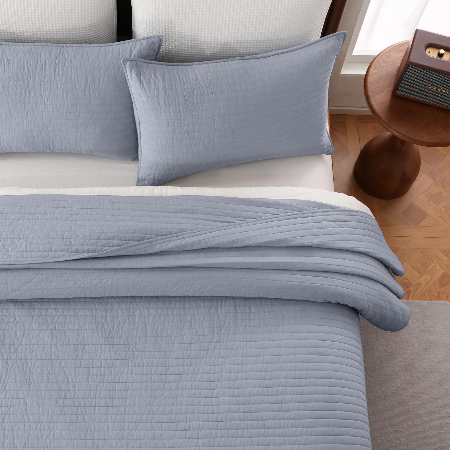 FDDX 100% Cotton Quilt Set California King Size - Soft Lightweight Stripe Bedding Set, Classic Comforter Set for All Season with 2 Shams, Oversized Bedspread Coverlet, 110x120 inches