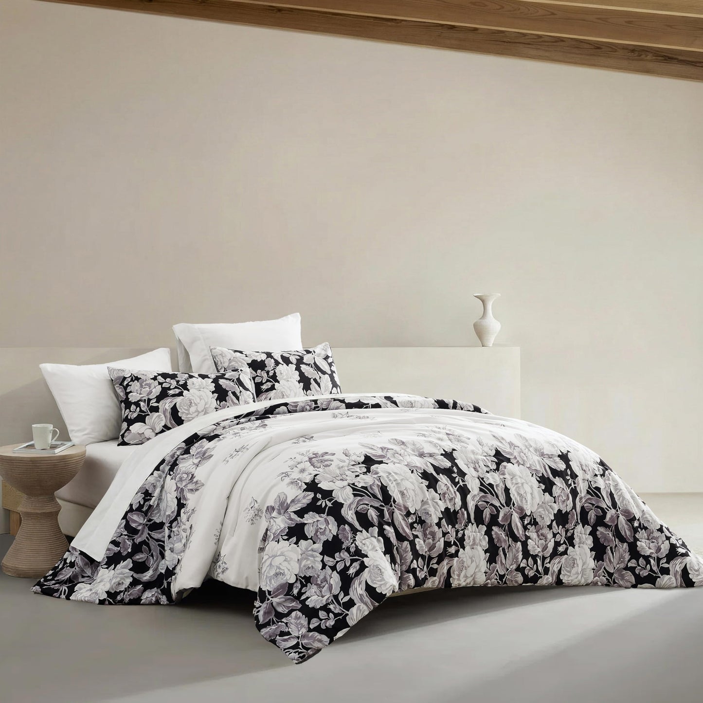 Wonderful Black and White Floral Comforter Set Queen - 3 Pieces Botanical Floral Printed Bedding with Pillow Sham, Morden Farmhouse Flowers Bedding Sets for All Season