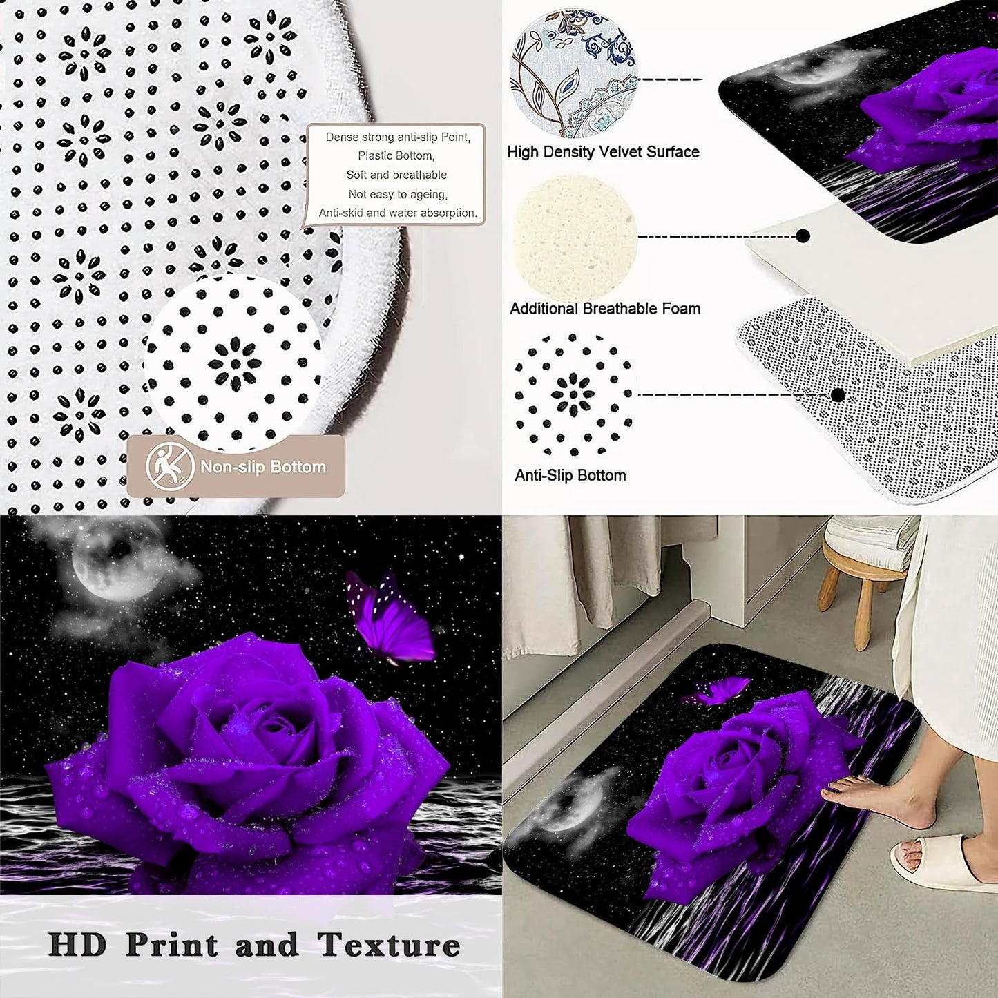 ALEXEX 4 PCS Purple Rose Shower Curtain Sets,Black Sky Bathroom Set with Shower Curtain and Rugs and Accessories,Lunar Ocean Raindrop Shower Curtain Bathroom Decor with 12 Hooks,72 X 72 Inches