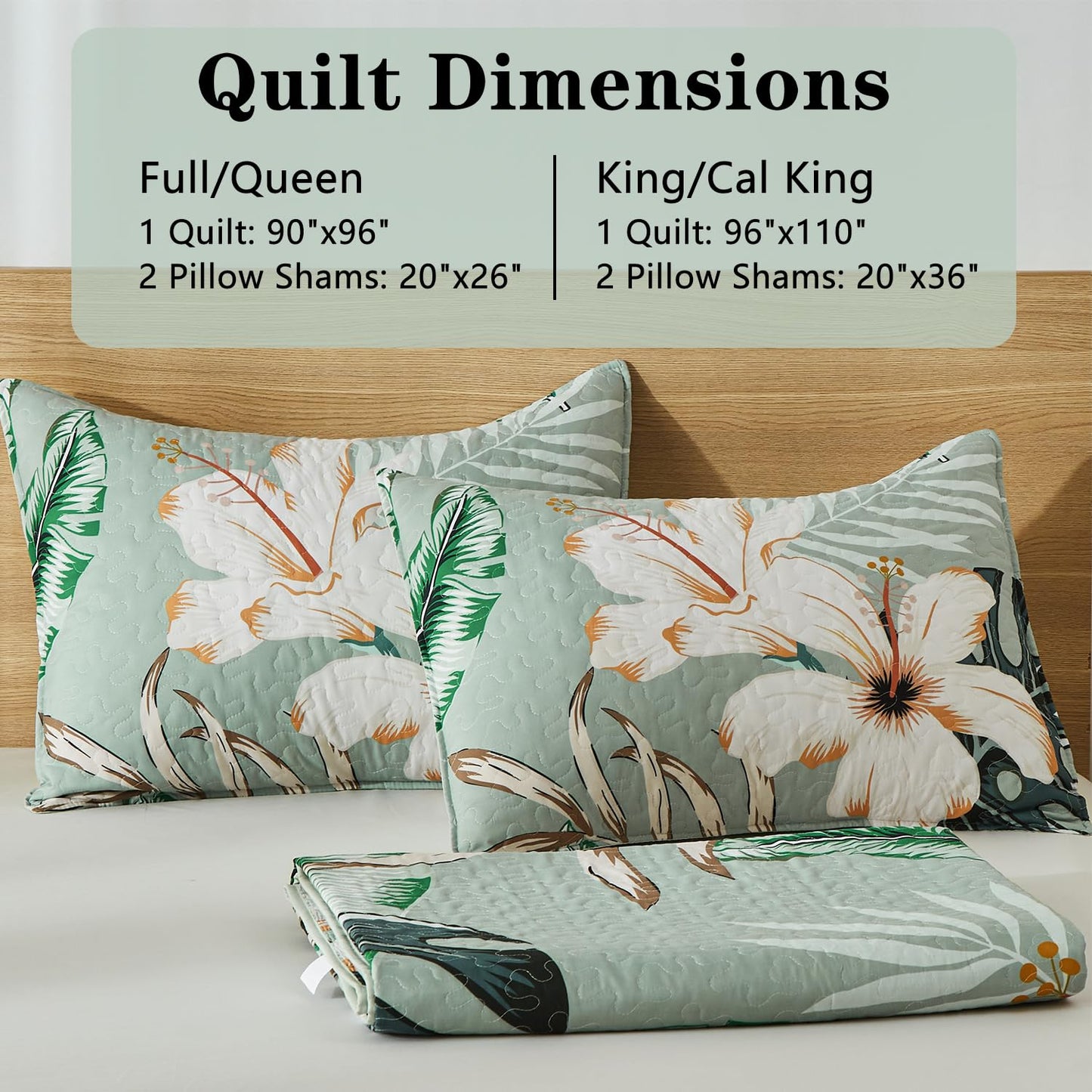 Yogeneg King Quilt Bedding Set,White Botanical Pattern Sage Green King/Cal King Quilt Set,3 Piece Lightweight Soft Summer Bedspread Coverlet with 2 PIillow Shams,All Season(Sage Green,110"x96")