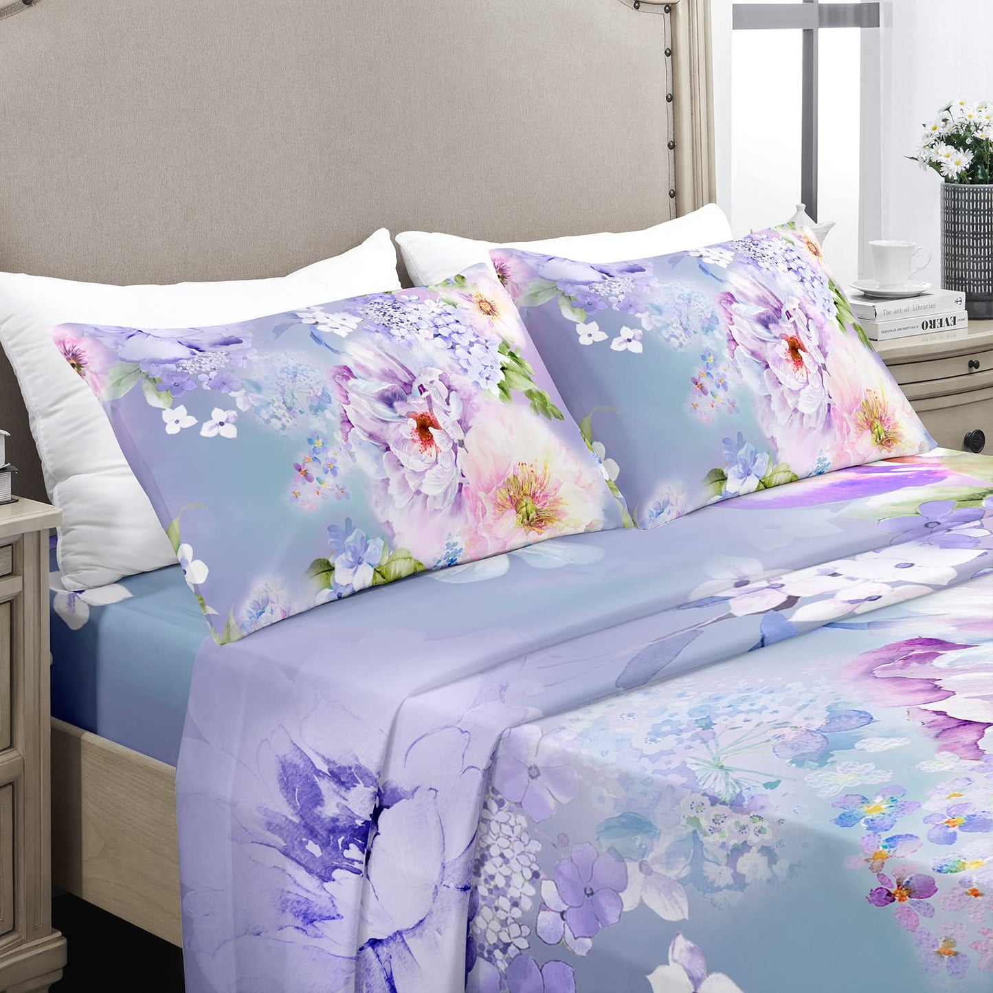 YIYEA Queen Sheet Set, Luxury 1800TC Hotel Quality Double Brushed Microfiber Floral Bed Sheets for Queen Size Bed, Extra Soft, Deep Pocket, Shrinkage and Fade Resistant, 4PC (Queen)