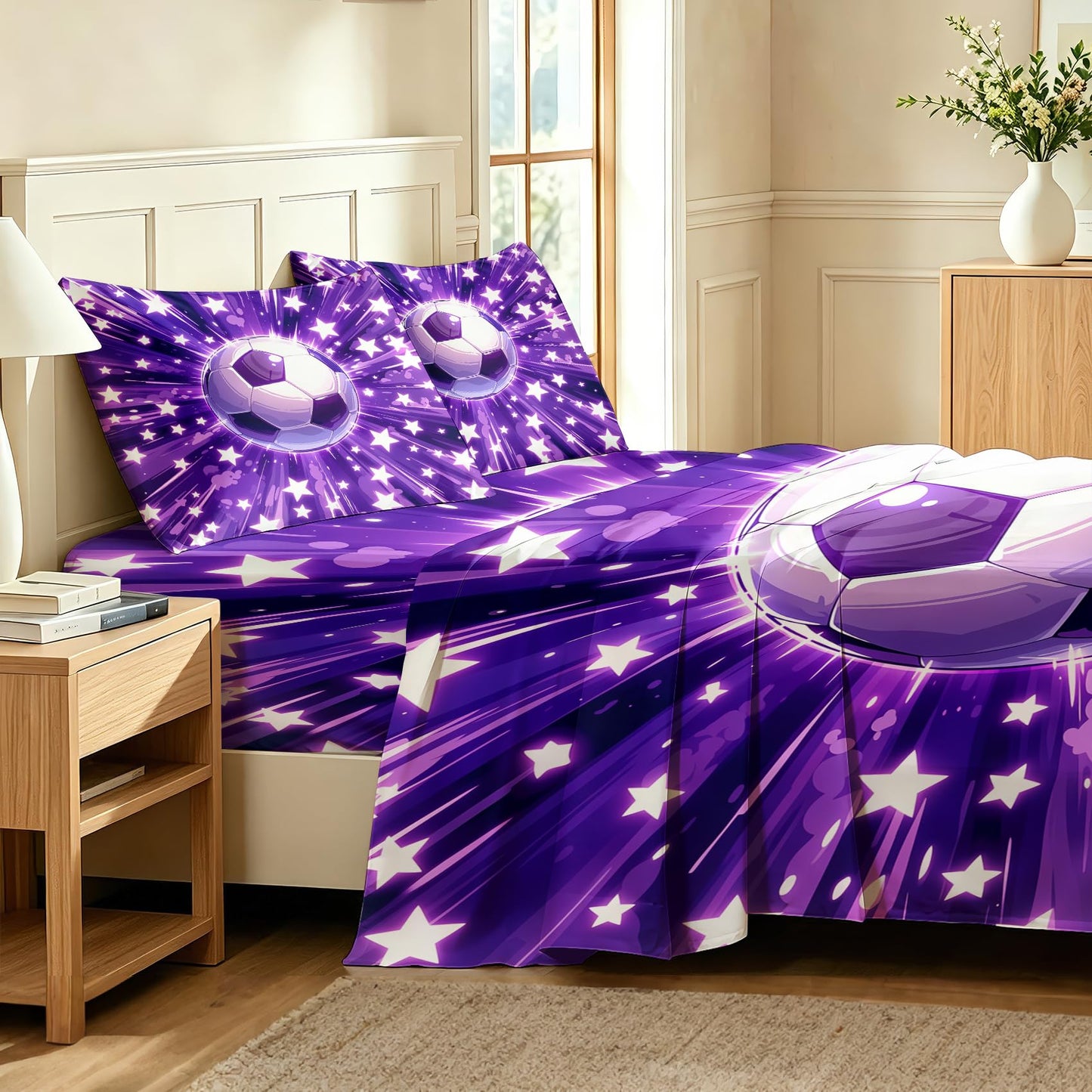 Soccer Ball Sheet Set, 4 Pcs Queen Size Boys Stars Bed Sheets, Purple