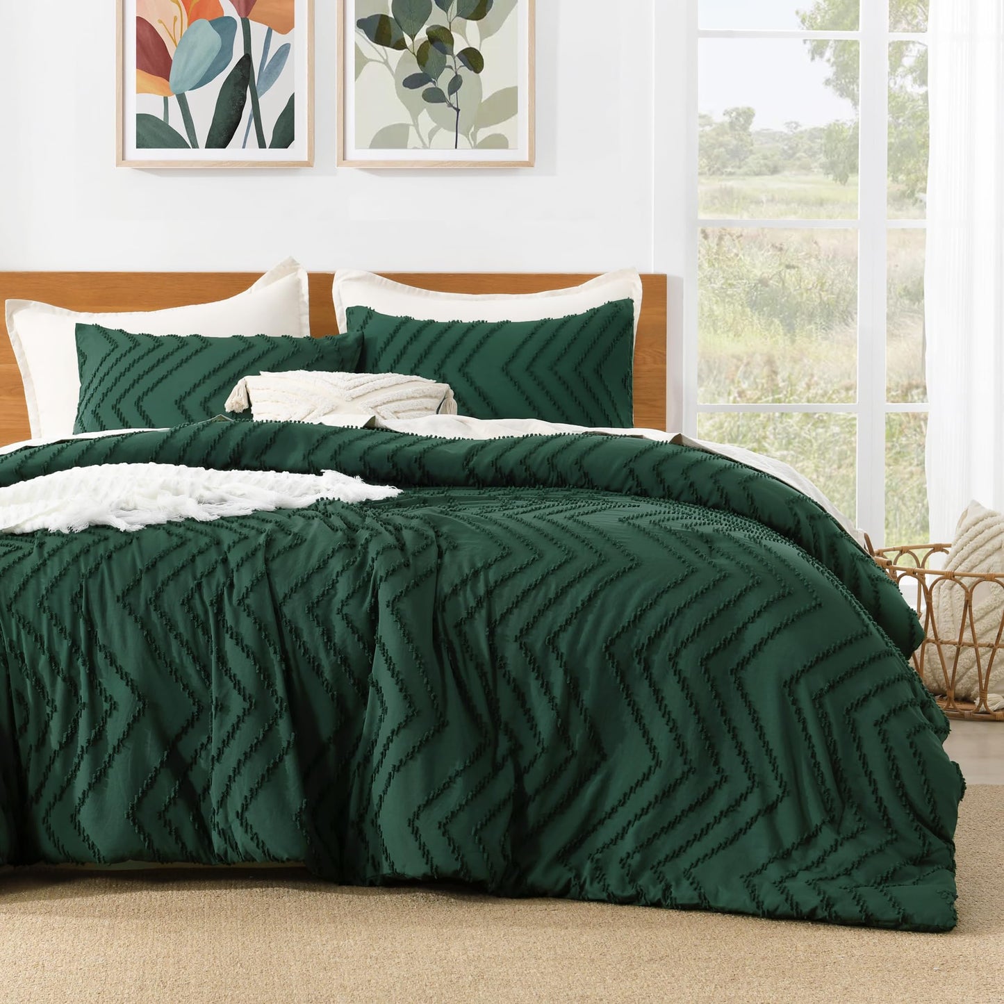 Litanika King Size Comforter Set Dark Emerald Green, 3 Pieces Lightweight Fluffy Comforter King Size Boho Tufted Comforter Bed Set Gift Choice