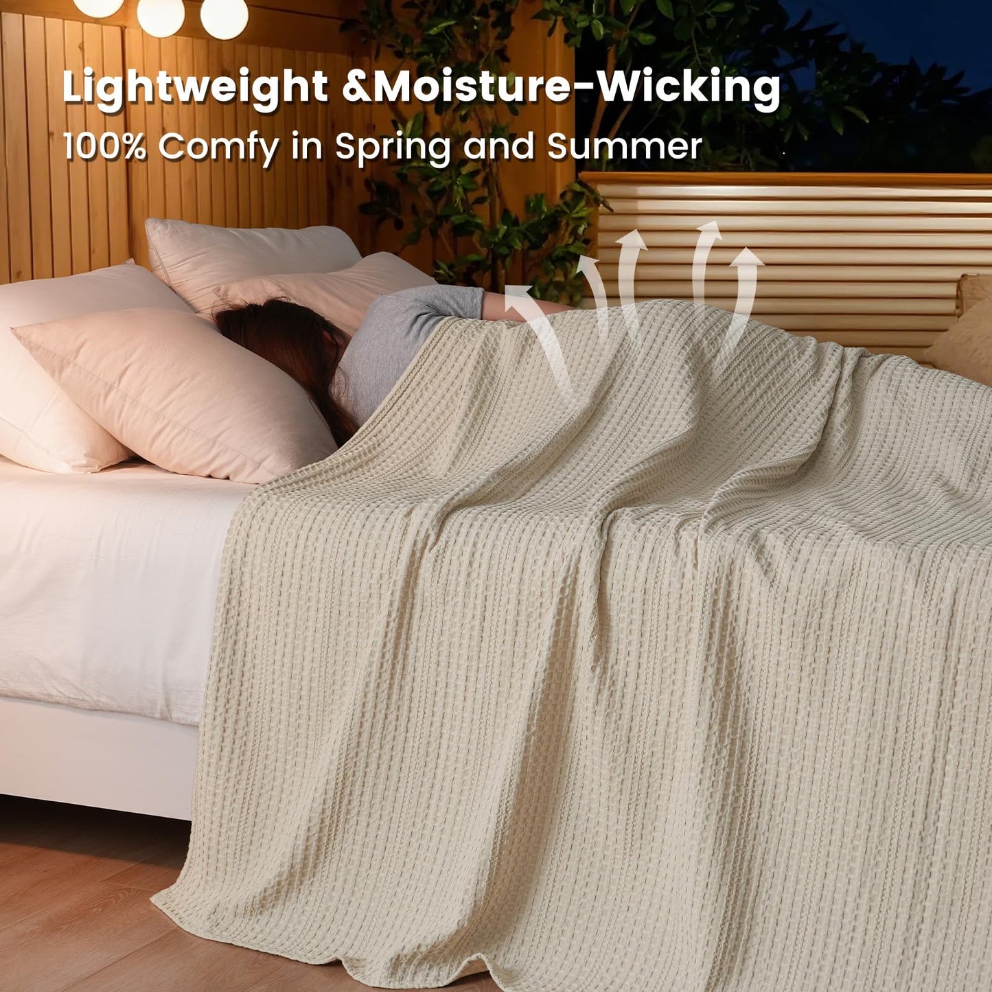 PHF Lightweight Waffle Weave Blanket Queen Size 90"x 90", Soft Woven Summer Blanket for Hot Sleepers - Aesthetic Home Decor for Couch Bed Sofa, Pet Friendly, Natural/Linen