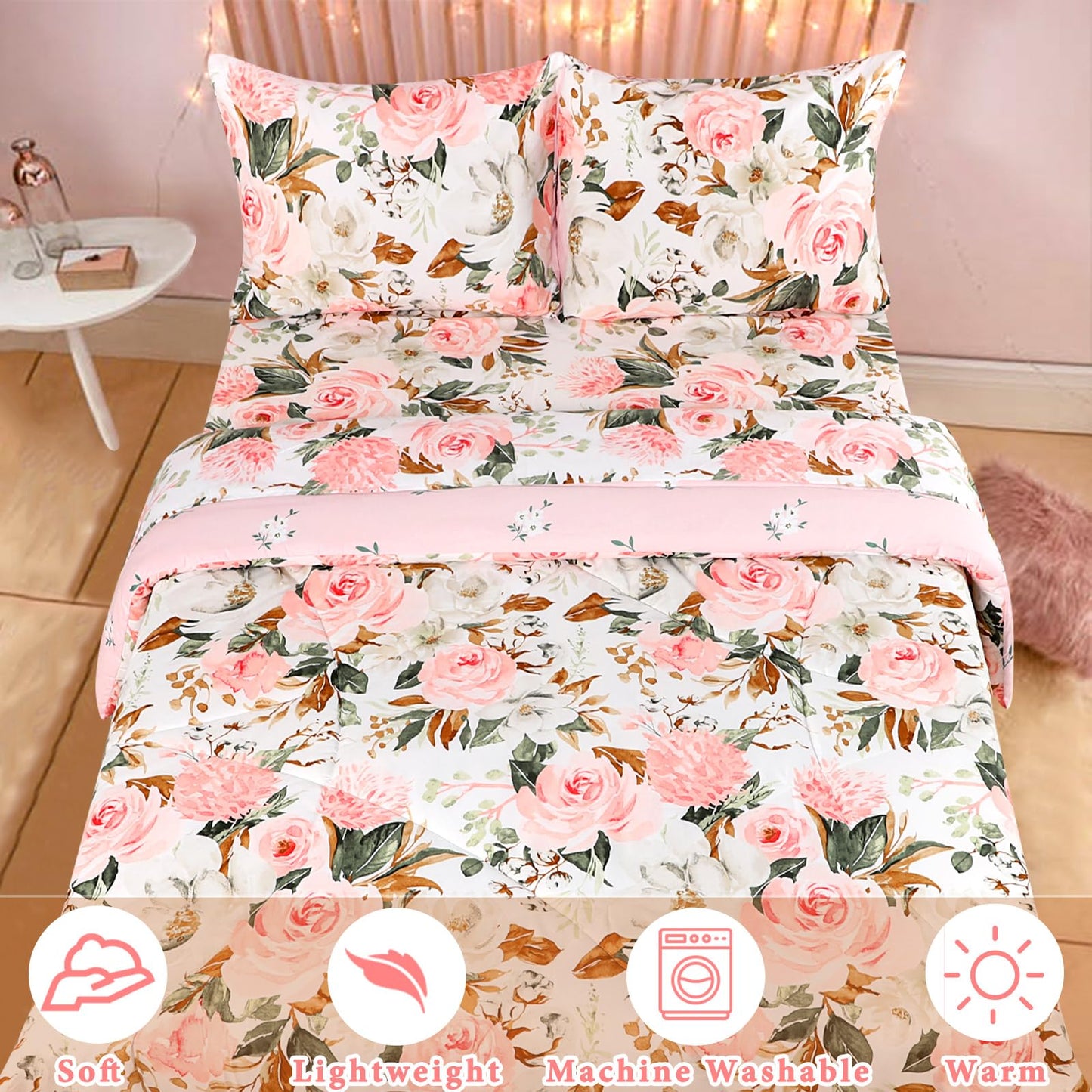 DILIMI Full Size Comforter Set for Girls, Reversible 5 Pieces Full Bedding Set, 5 Pieces Ultra Soft Pink Floral Full Size Bed Comforter Sets with Sheet, Comforter, Flat Sheet, 2 Pillowcase