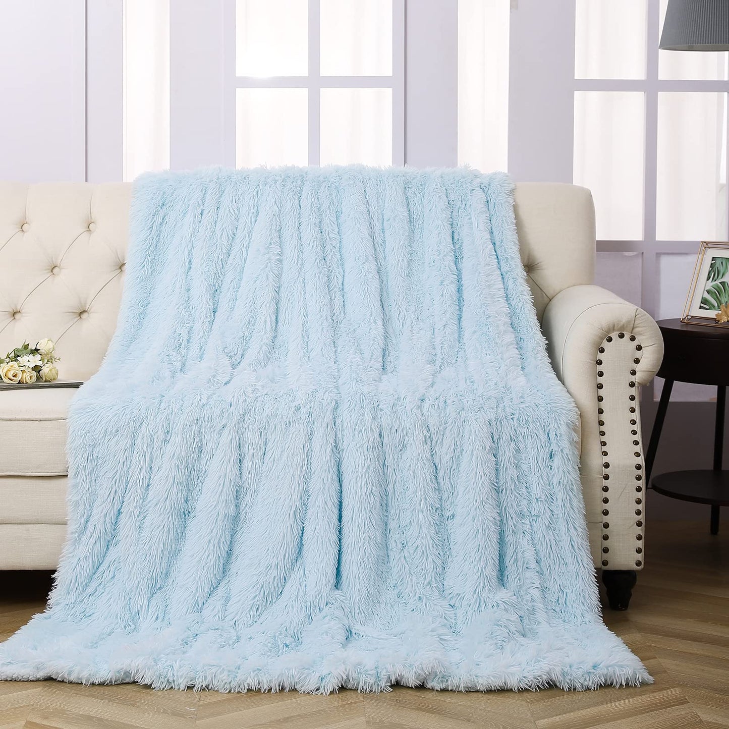 Faux Fur Throw Blanket, Super Soft Lightweight Shaggy Fuzzy Blanket Warm Cozy Plush Fluffy Decorative Blanket for Couch,Bed, Chair (Light Blue, 51"x63")