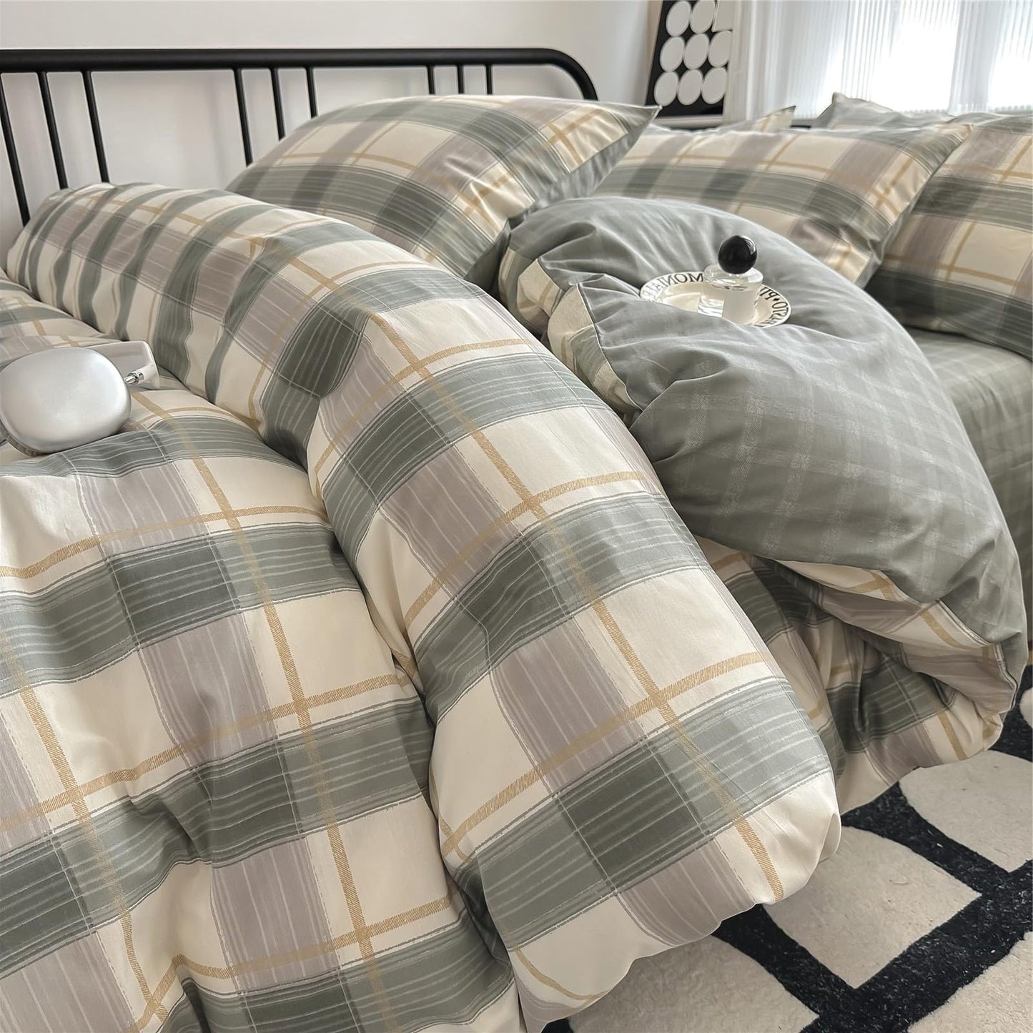 VM VOUGEMARKET Green Plaid Duvet Cover Sets Queen,3 Pieces Gingham Comforter Cover with Zipper Closure & Corner Ties for Men Boys Simple Modern Bedding Set (90"x90")