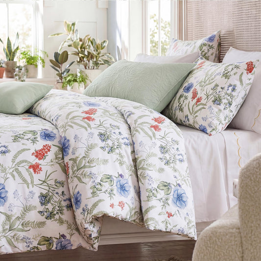 Bedorm Vintage Floral Duvet Cover Set 100% Cotton Bedding King Size Set Blue Floral Green Botanical Print Soft & Breathable French Country Duvet Cover with Zipper Closure