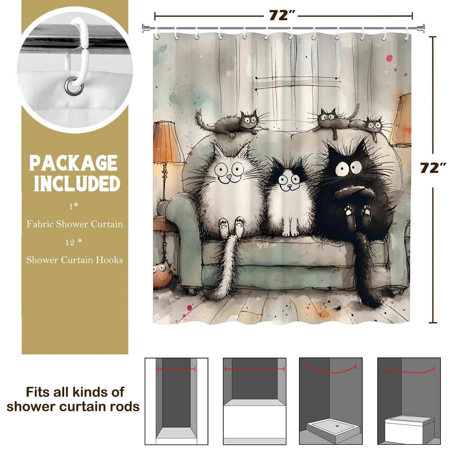 TSLOVER Cute Cat Shower Curtain,Kawaii Cartoon Cat Bathroom Decor,Funny Cats Waterproof Polyester Bath Curtains for Kids Girls Women Home Decor,72x72 Inch