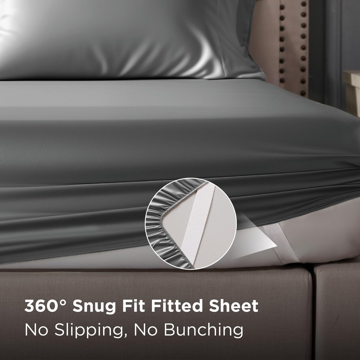 Bedsure Satin Sheets Full Size - 4 Piece Silky Bedsheets with Elastic Corner Straps and 15 Inches Deep Pocket Fitted Bedsheet,1 Flat Sheet, 2 Satin Pillowcases, Good for Hair & Skin (Full, Dark Grey)