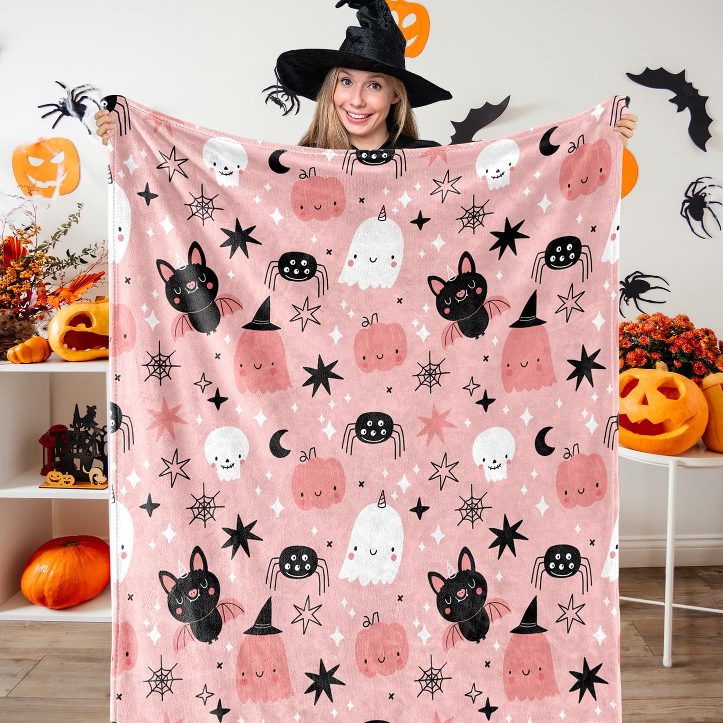JarThenaAMCS Halloween Fuzzy Blanket Pink Cute Pumpkin Ghost Bat Throw Blanket Halloween Cartoon Soft Cozy Flannel Blankets for Home Party Bed Sofa Couch, 50 x 60 Inch