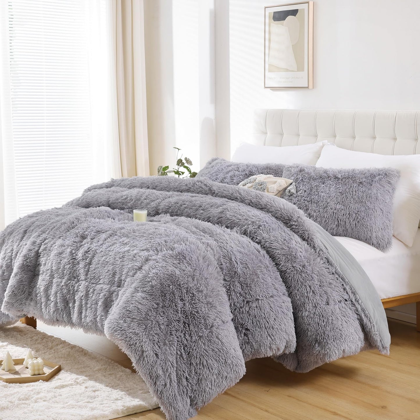 Smoofy Fluffy Queen Comforter Set, Faux Fur Comforter Set Queen Size, Luxury Fuzzy Bedding Set, Soft Shaggy Bed Set for All Season, 3 Pieces - 1 Comforter & 2 Pillowcases, Grey