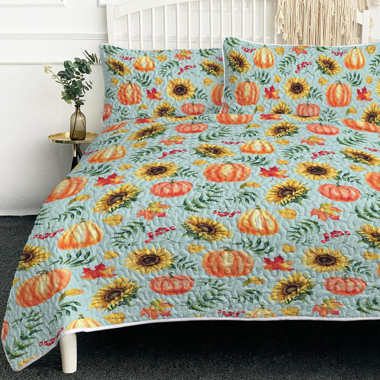 BlessLiving Fall Bedding King Size: Soft Microfiber Lightweight Blue Orange Pumpkin Quilt Set 3 Piece Autumn Bedspread Coverlet for Thanksgiving Bedroom Living Room Decoration