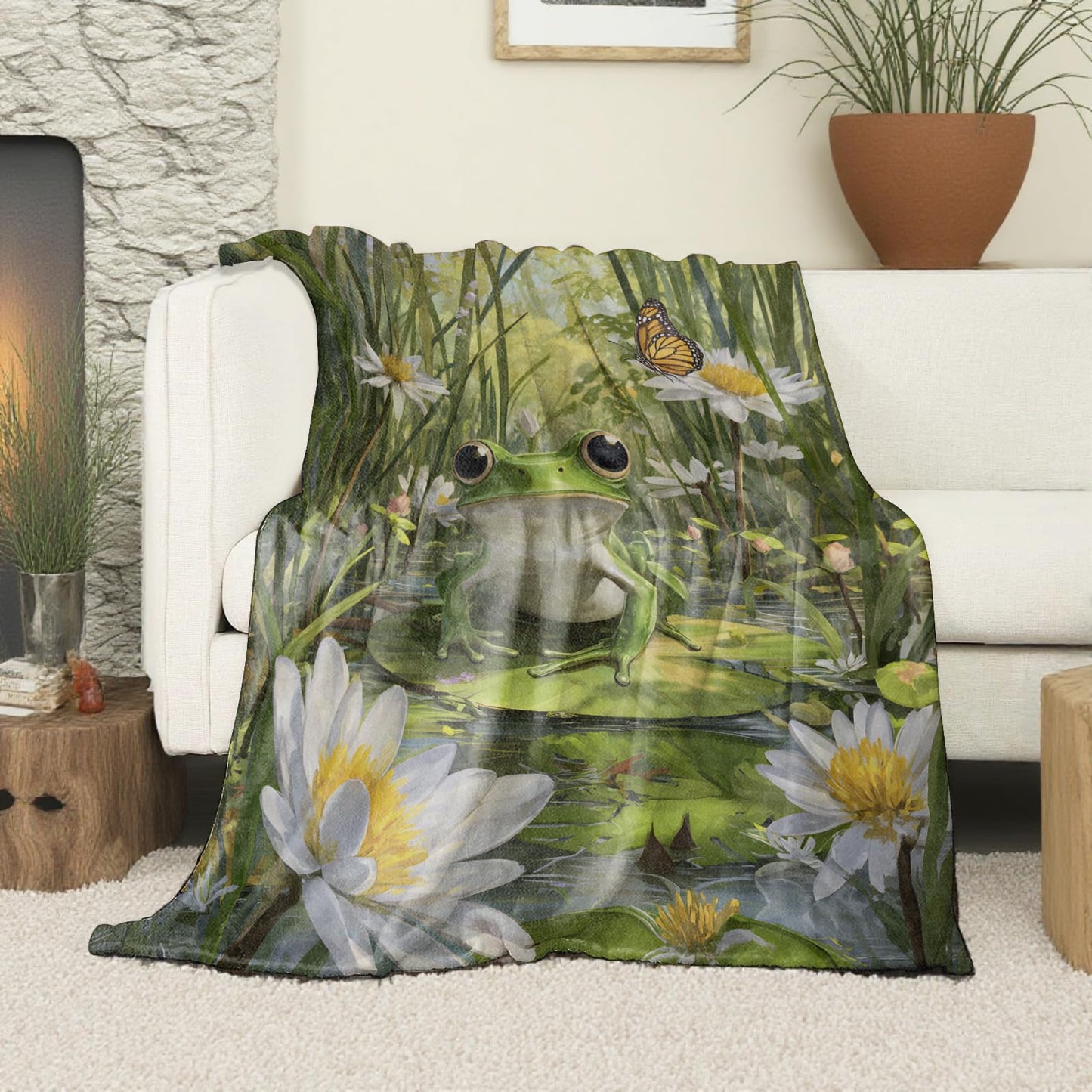 VOPNXLT Frog and Butterfly Blanket, Soft Cozy Lightweight Cute Realistic Green Frog Throw Blanket for Kids Women, Sofa Couch Bed 50x60 Inch Flannel Nature Blankets for Travel Decor Gifts