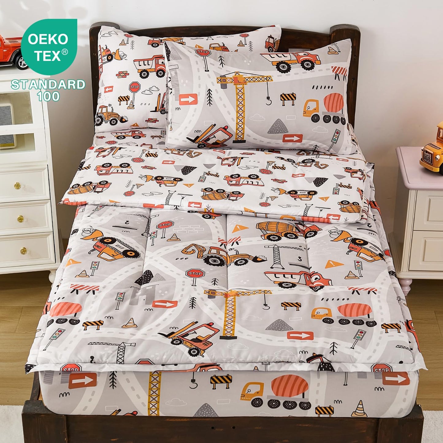 DJY Zipper Bedding Set Twin, Cars Bedding Sets for Boys, Kids Construction Comforter Set with Fitted Sheet Pillowcases, All in One Zipper Bed Set for All Seasons