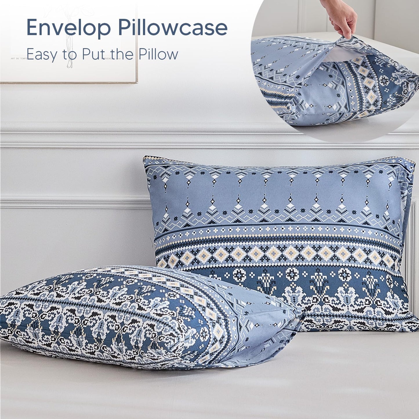 Lekesky Boho Duvet Cover King Size, Blue Comforter Cover King Size White Geometric Floral Printed Duvet Set, 3 Pieces Soft Microfiber Bedding Set with Zipper Ties (King, 104"x90")