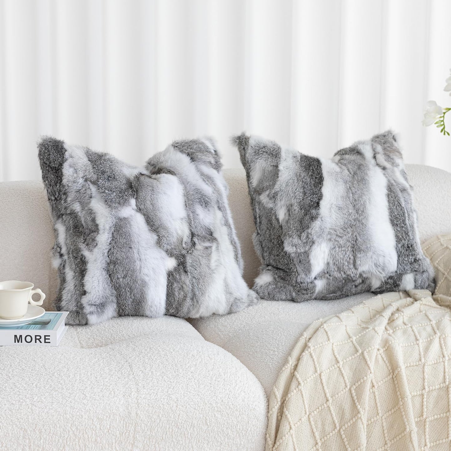 ROSE FEATHER Genuine Rabbit Fur Throw Pillow Covers Set of 2, Luxury Decorative Pillowcases Soft Fluffy Animal Skin Accents Cushion Cover for Couch Sofa Bedroom Living Room Home,18x18 inch,Gray-White