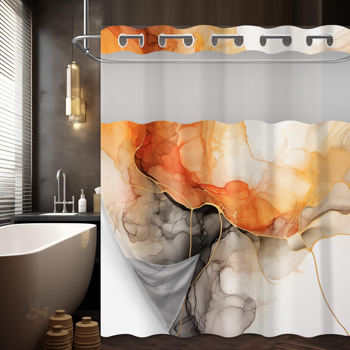 Lvetong Orange Marble Hookless Shower Curtain, 71" W x 74" L
