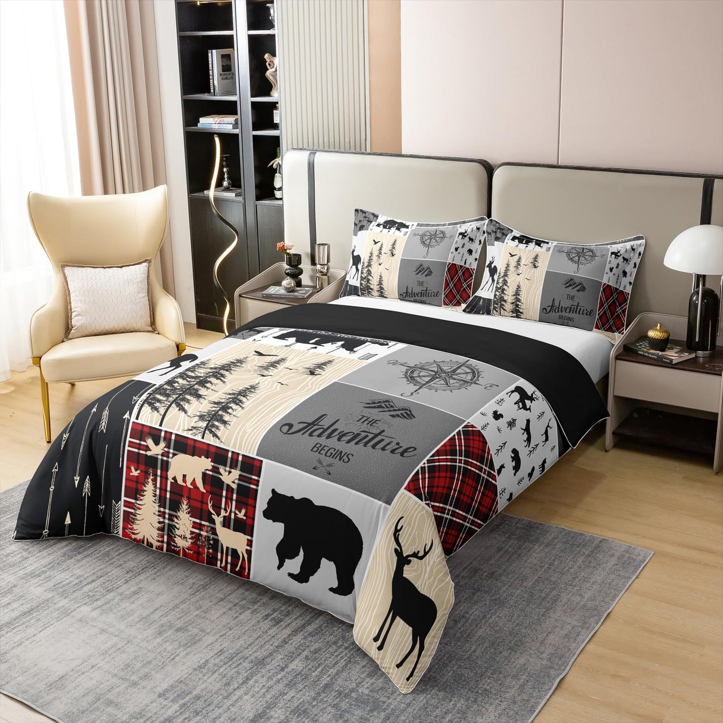 Erosebridal Retro Cabin 100% Cotton Duvet Cover Queen Size for Kids Rustic Bear Deer Comforter Cover Hunting Wildlife Bedding Set for Boys Teens Men Bedroom Plaid Lodge Farmhouse Bedclothes
