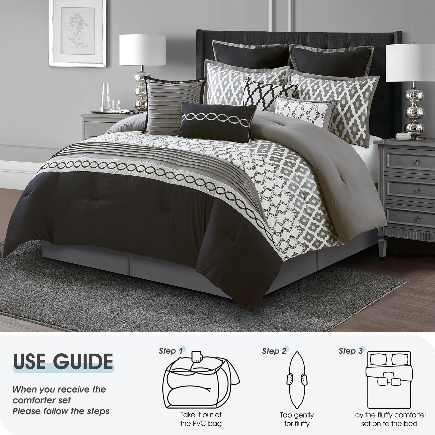 LANCO MODERN LIFESTYLE Queen Comforter Set, Black, 10 Piece Bed in a Bag for All Seasons, Luxury Extreme Comfort Bedding Sets with Bedskirt, Pillow Shams, Euro Shams and Decor Pillows