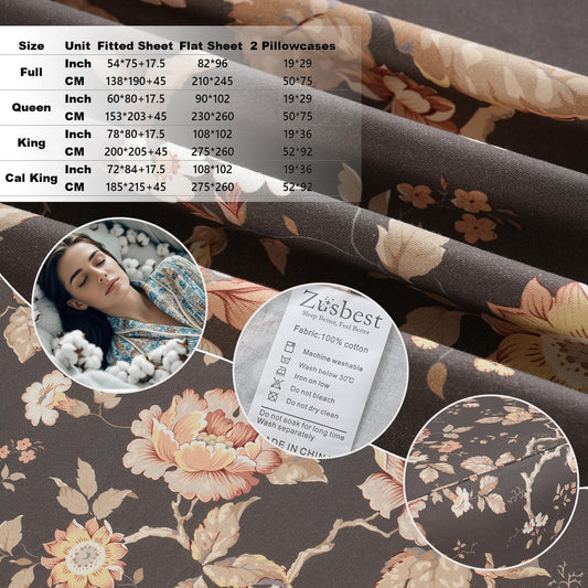 Zusbest Ash Brown Floral Bed Sheets Set - Queen Size Percale Cotton Shabby Rustic Peony Flower Print Bed Sheets - Soft Breathable Mocha Classic Vintage Bedding 4 Pcs Deep Pocket Flower Bed Sheets