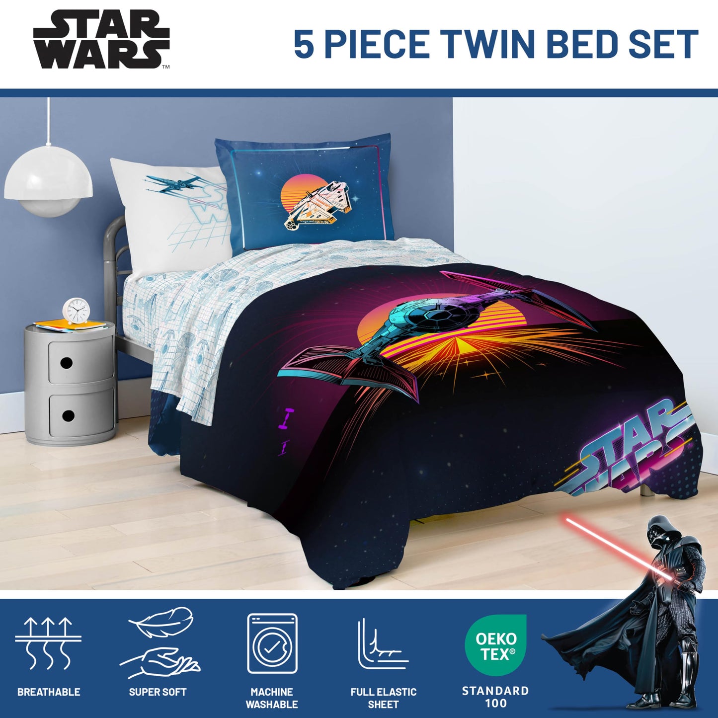 Jay Franco Kids Comforter Set Includes Sheets and Pillow Covers - Soft and Cozy Bed Set for Stylish Room Decor, Blue - Star Wars 02, 5 Piece Twin Size Bedding