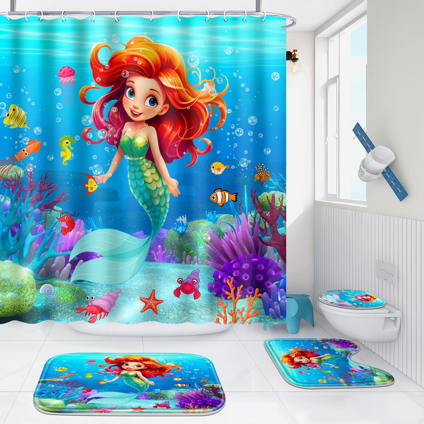 Poedist 4 Pcs Bathroom Shower Curtain Set,Kid's Bathroom Set,Kid's Shower Curtain Sets with Rugs(Bath Mat,U Shape and Toilet Lid Cover Mat) and 12 Hooks
