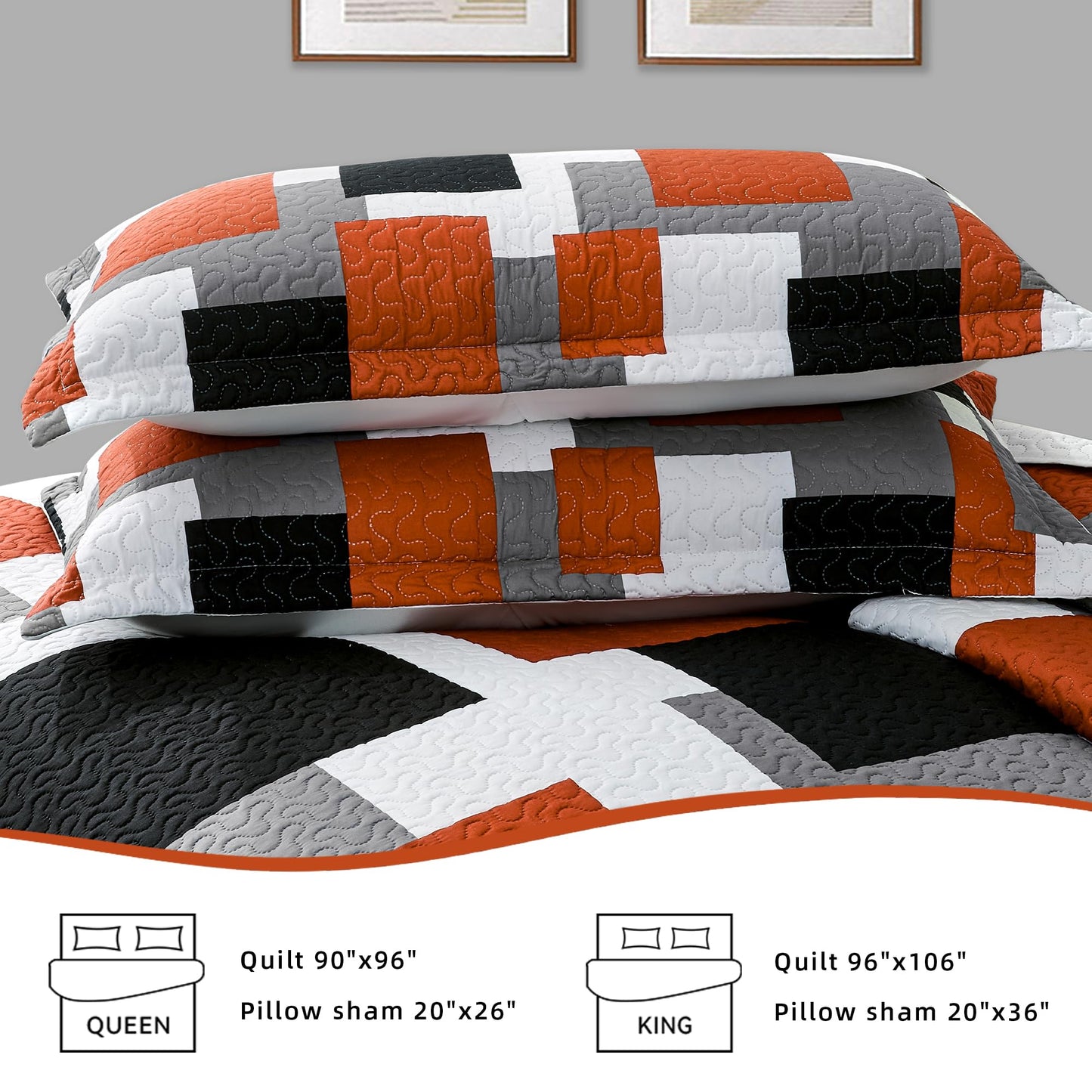 Tyrot 3 Piece Orange Grey Quilt Set Full/Queen Size Black White Gray Geometric Reversible Bedding Set Microfiber Lightweight Bedspread Coverlet with 2 Shams Modern Bed Covers for All Season, 90''x96''