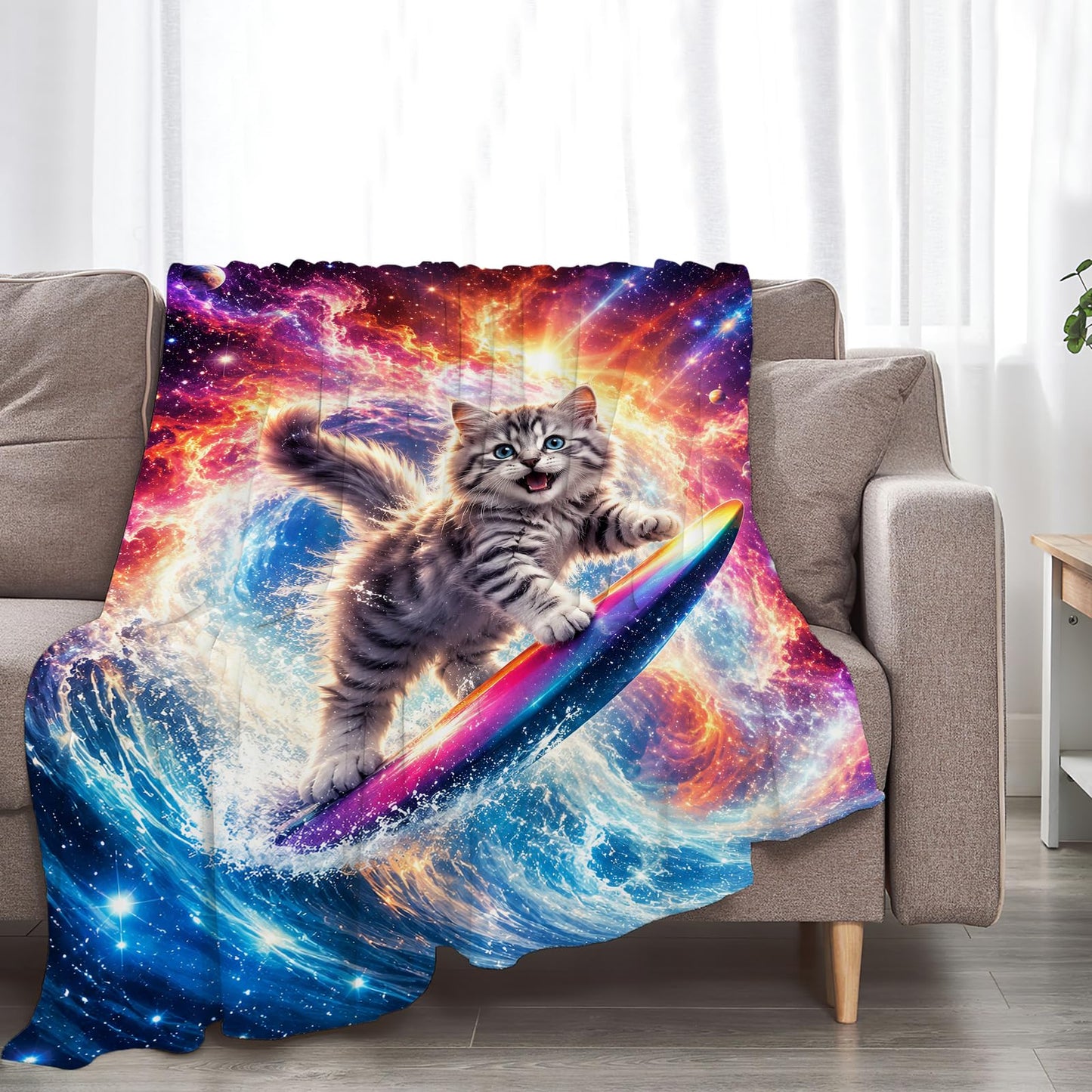 Funny Cat Blanket Soft Fuzzy Fleece Galaxy Space Surfing Kitten Throw Blankets Decor Cozy Warm Plush Flannel Blanket Gifts for Girls Women Kids Adults Home Decor Stuff Sofa Couch Bed 50"X40"
