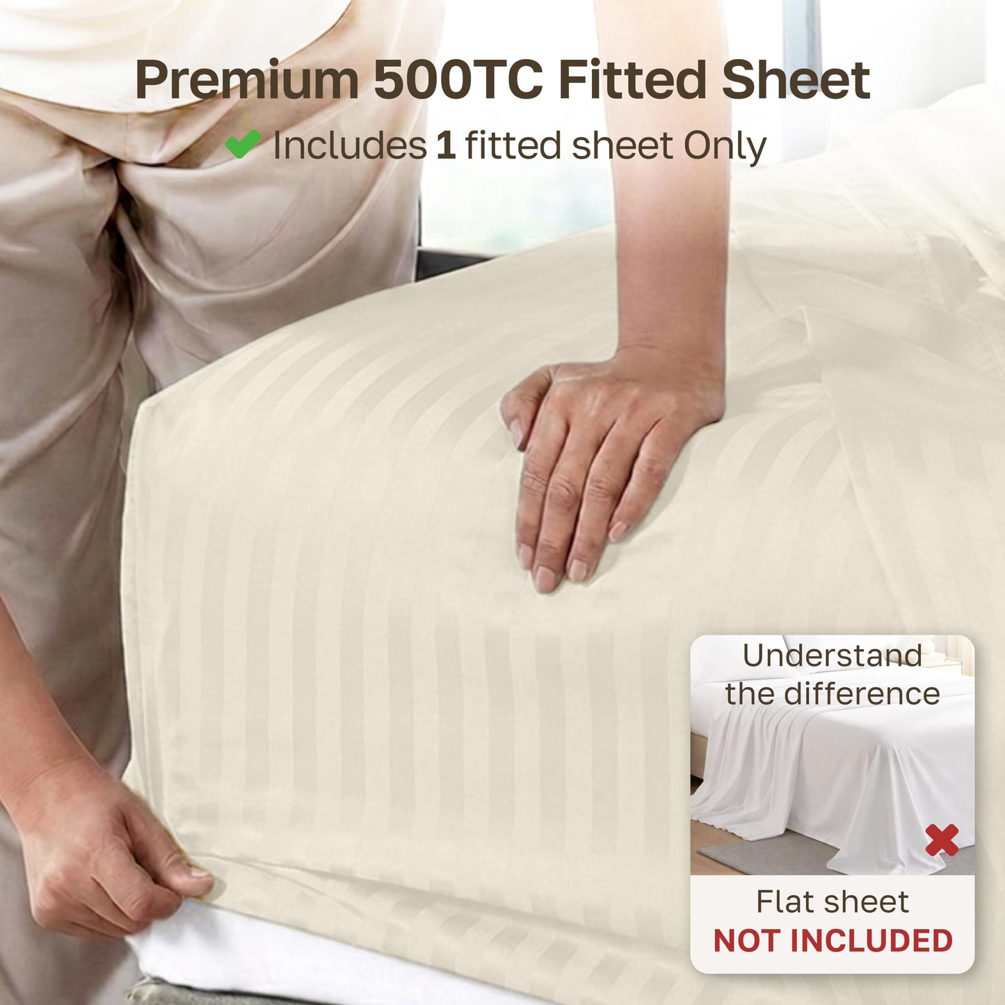 California Design Den Cotton Sateen Damask Stripe Queen Size Fitted Sheet Only - Soft 100% Cotton Sateen, Deep Pocket Bottom Fitted Sheet - Ivory