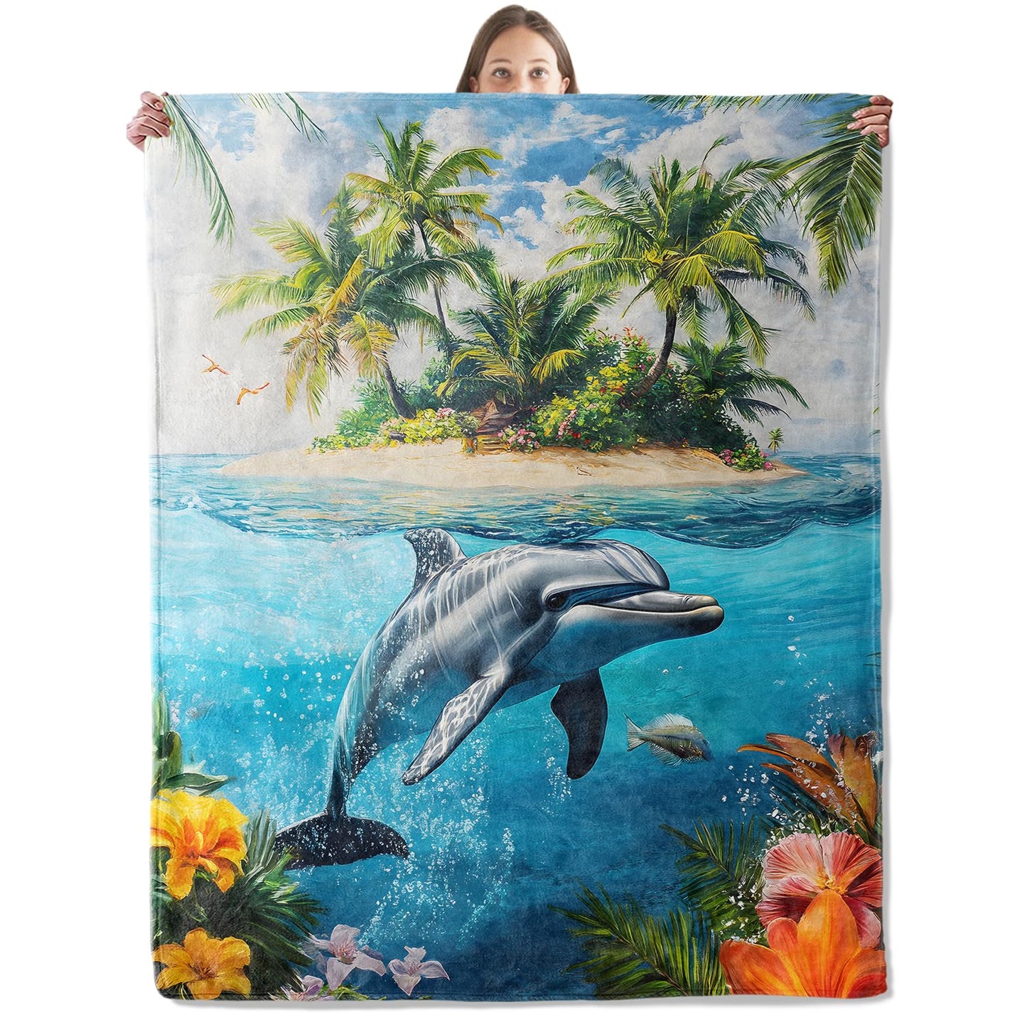 xmwjfd Cute Dolphin Blanket, Cozy Plush Tropical Island Scene Throw Blanket for Couch Bedroom Outdoor, Lightweight Soft Flannel Travel Blankets, Gifts for Women Adults Kids, Warm Decor 50"×60"