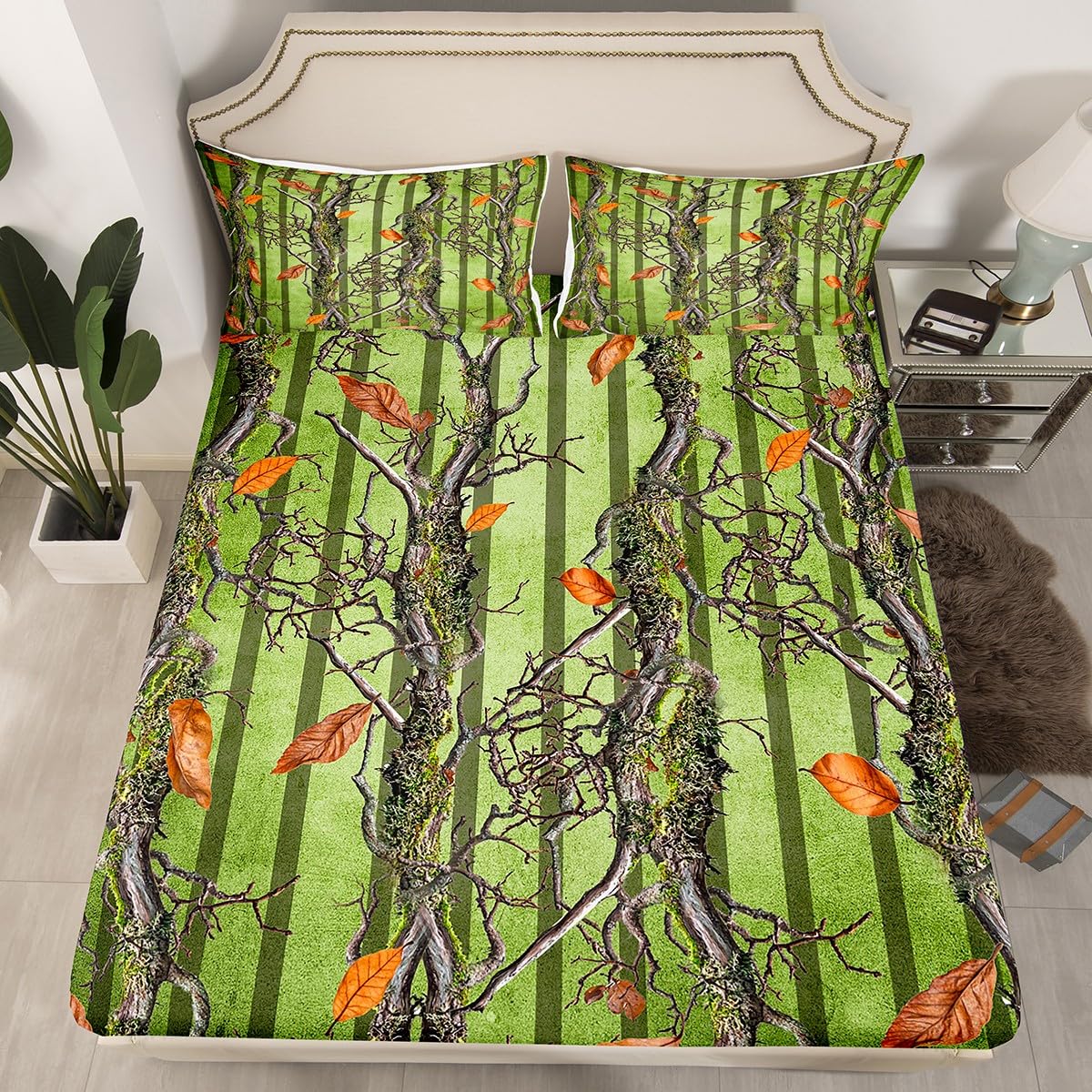 Tree Branches Kids Fitted Sheet Twin Size,Wild Hunting Adventure Cabin Bedding Set,Boys Girls Room Decor,Jungle Botanical Leaves Rustic Nature Bed Cover,Green Bed Sheet,1 Pillowcase(No Top Sheet)