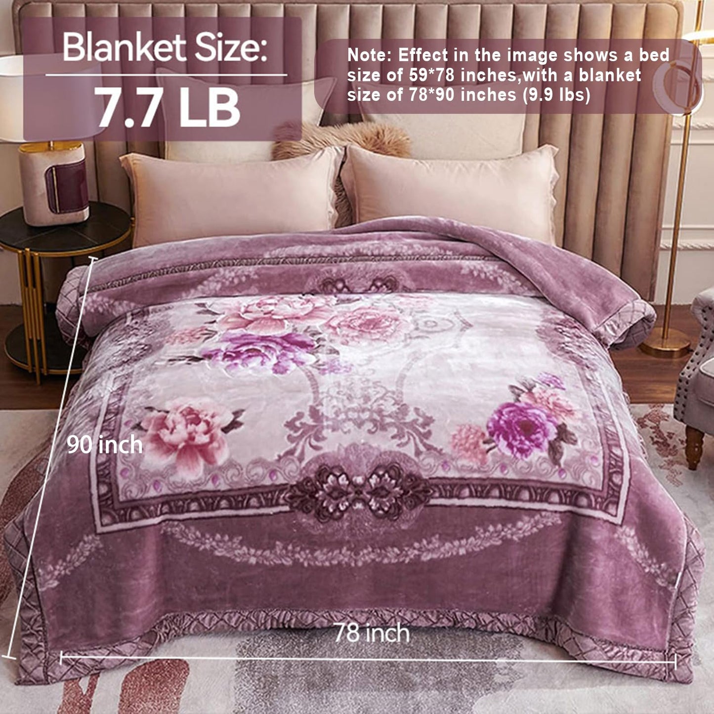 MODUSKYE Mink Blankets, Korean Heavy Fleece Plush 78x90 inch 2 Ply Mink Thick Blankets with Iris Flowers 7.7 lbs Queen Size Soft Raschel Blanket for Autumn Winter (Purple)