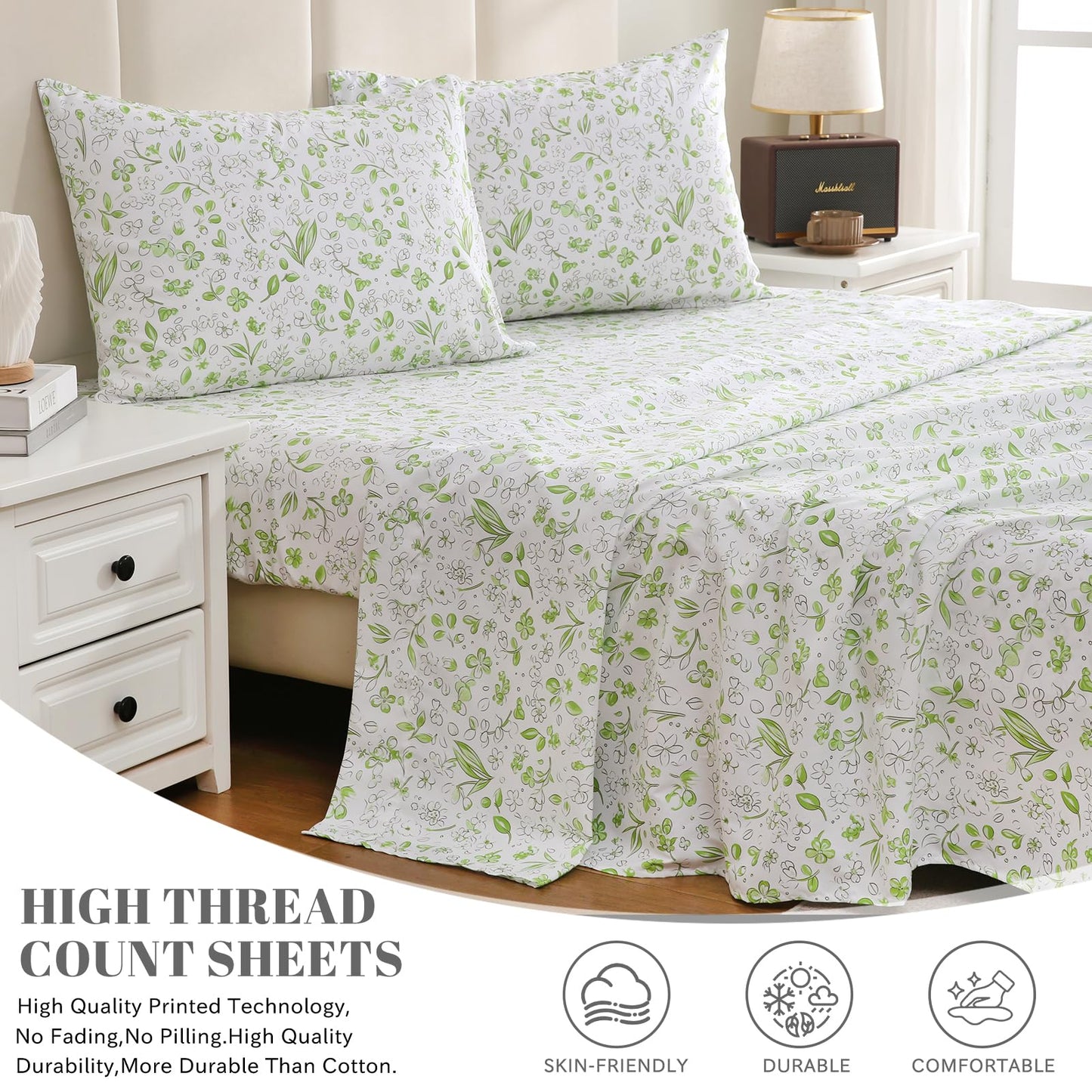 Bedlifes King Sheet Set Ultra Soft, Breathable, Silky Flower Deep Pocket 100% Microfiber Bedding, 4 Piece King Size Green Floral