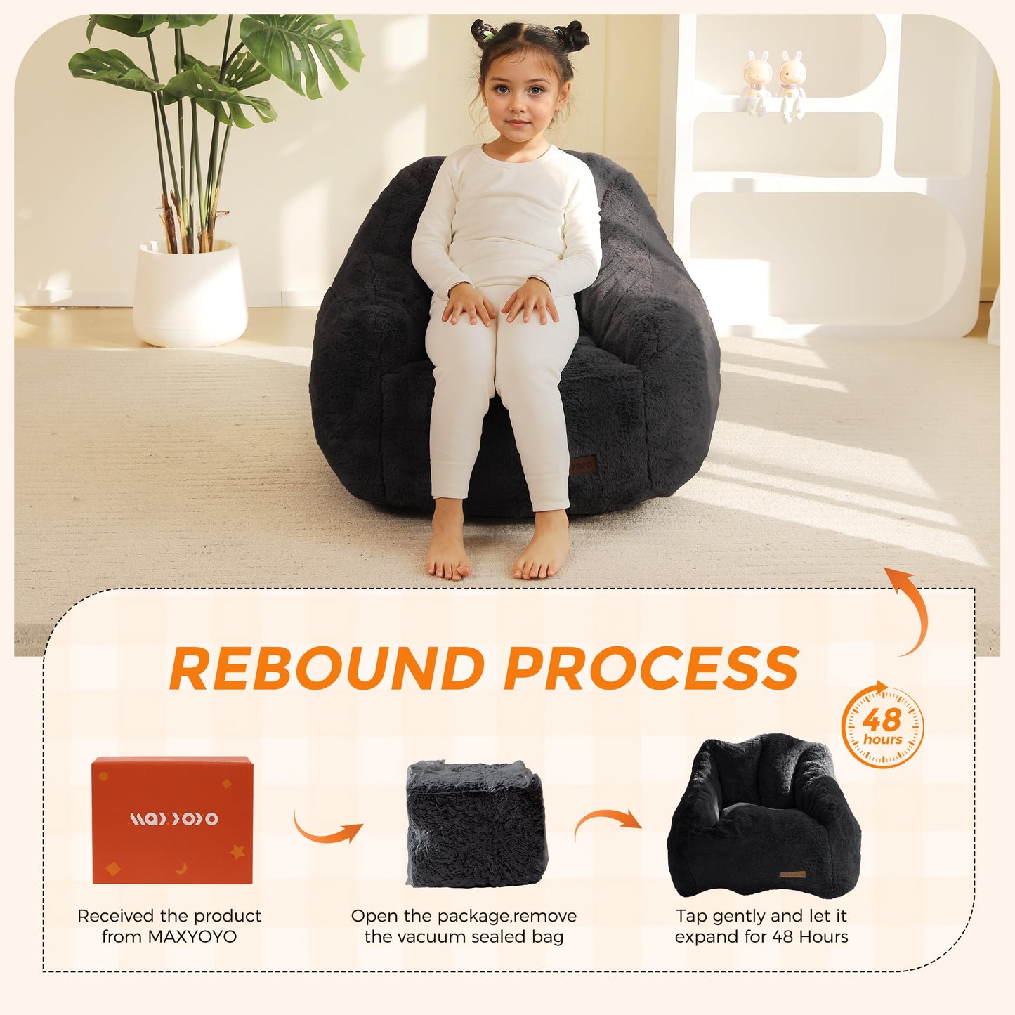 MAXYOYO Kids Bean Bag Chair, Comfy Bean Bag Sofa with Back Support, Faux Fur Cute Chair for Boys and Girls, Stuffed Floor Sofa for Nursery, Bedroom, Black