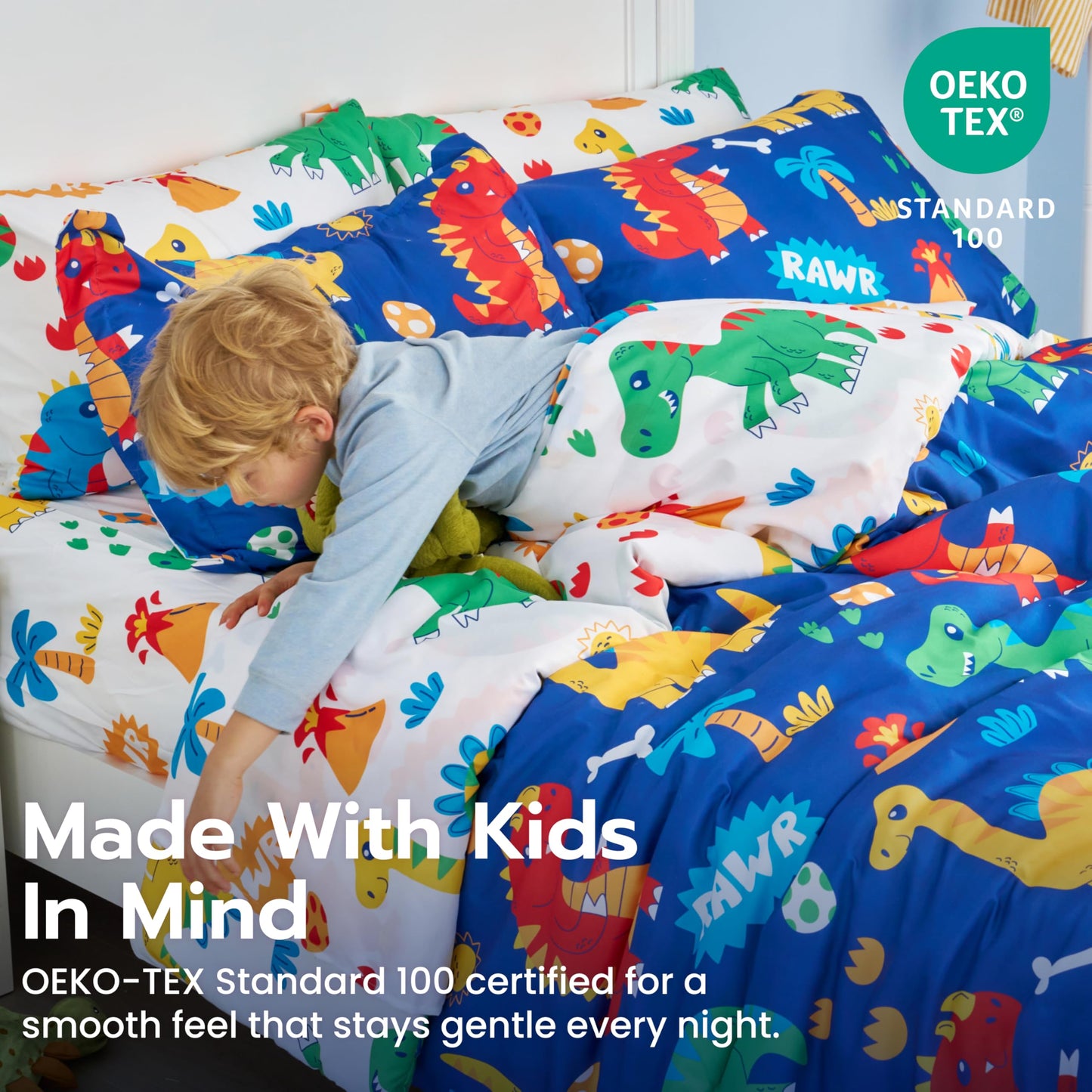 Joiedomi Kids Comforter Set Bedding Set for Boys Girls Super Soft Microfiber Bed in a Bag with Comforter Sheets Pillowcase Sham, Dark Blue Cute Dinosaur, Full