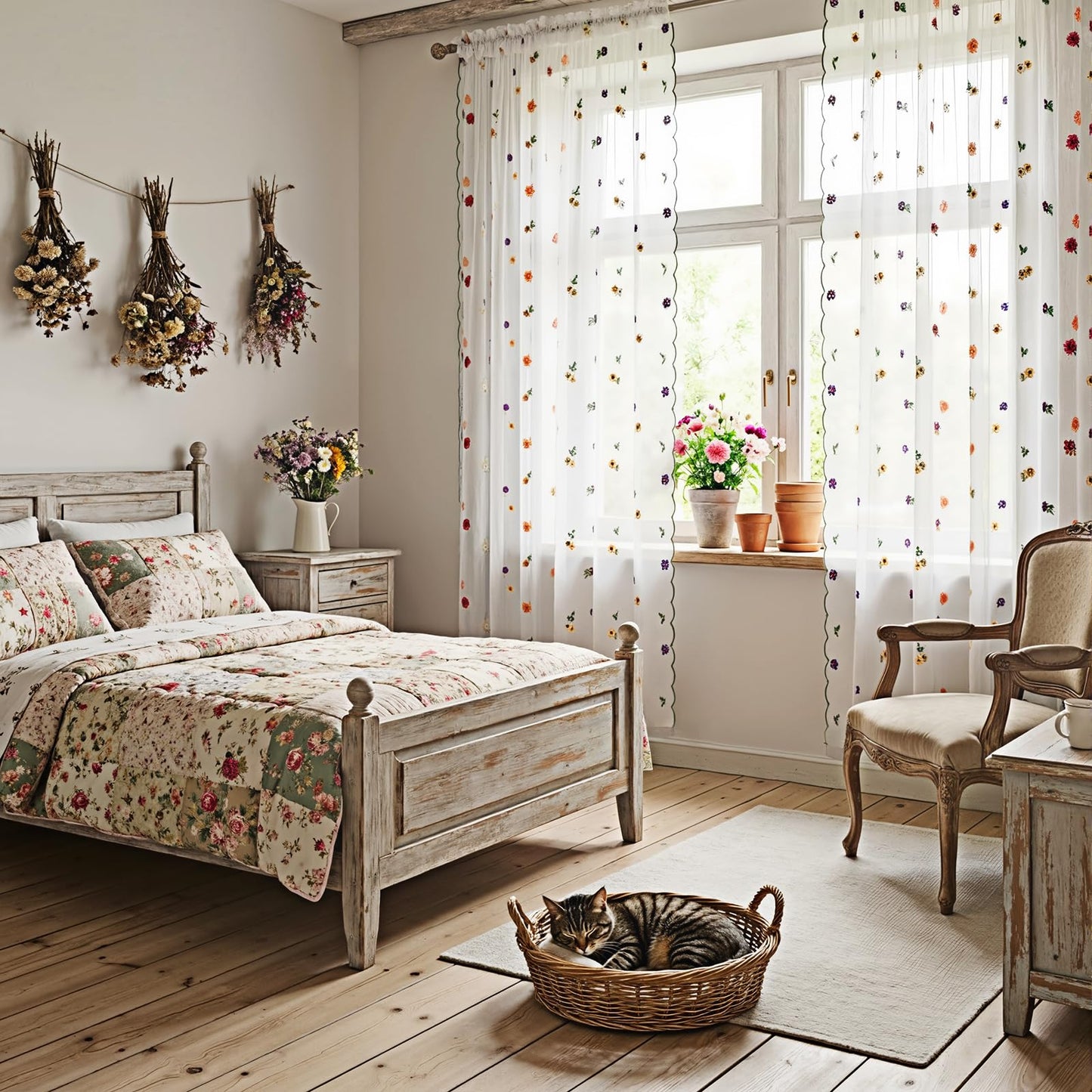 Gilprop White Embroidery Daisy Sheer Curtains 84 Inches Long, Rod Pocket Sheer Drapes for Living Room Bedroom, 2 Panels, 52" W x 84" L, Country Rustic Embroidered Florals Tulle Window Curtains
