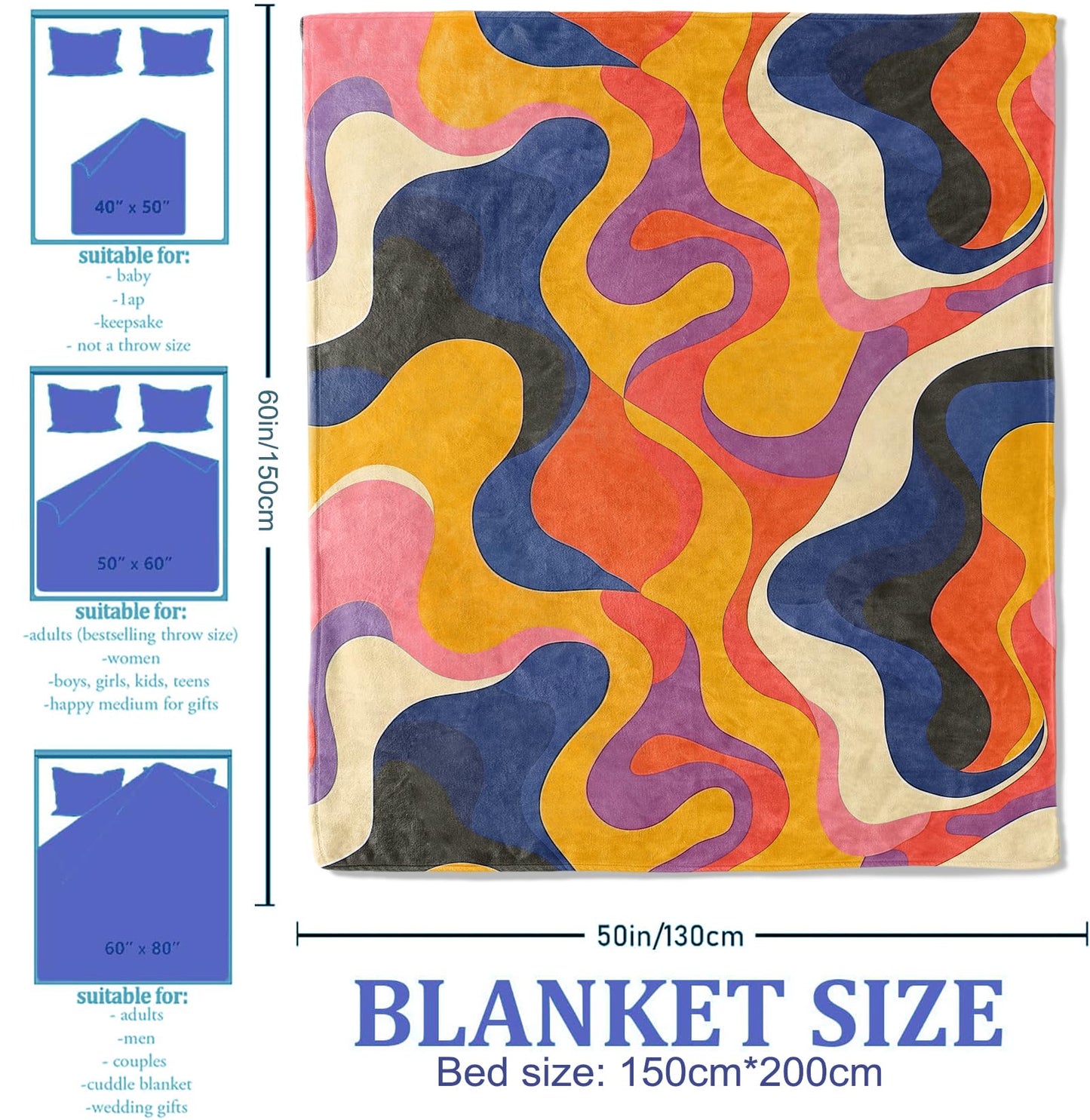 Plistiz Abstract Retro Throw Blanket 60x80, Mid-Century Modern Theme Blankets for Living Room Decor, Soft Flannel Rainbow Gifts for Women