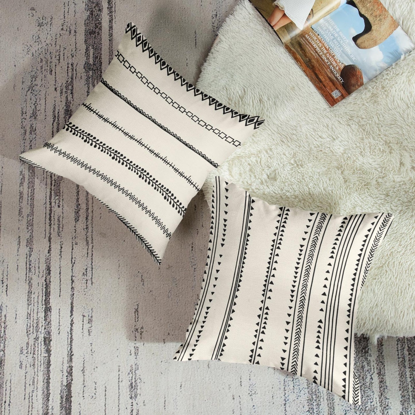 ArtSocket Set of 4 Throw Pillow Covers Pattern Black and White Boho Bohemian Geometric Dots Lines of Borders Decor Linen Outdoor Pillow Cases Home Decorative Square 18x18 Inches Pillowcases