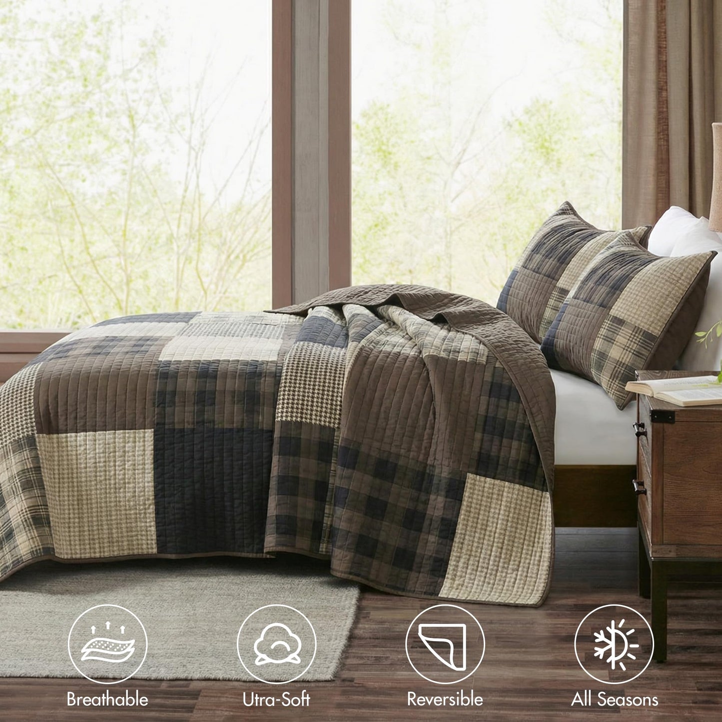 Woolrich Quilt Set Queen, Southwestern Aztec Bedding, Reversible Lightweight Bedspread, Oversized Rustic Cabin Quilt Set, Western Farmhouse Bedding with Matching Shams, Black