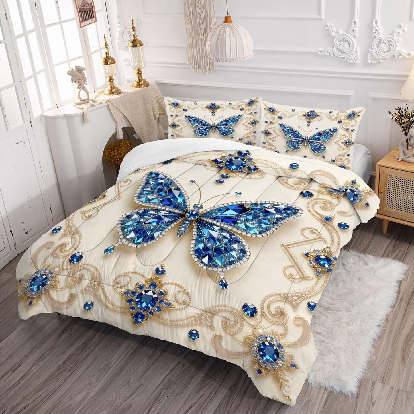 DJNEAR Butterfly Comforter Set Twin Size Blue Gold Bedding Sets for Girls Kids Teen Women Bedroom Diamond Butterflies Printed Quilt Room Decor 1 Comforter 1 Pillowcase