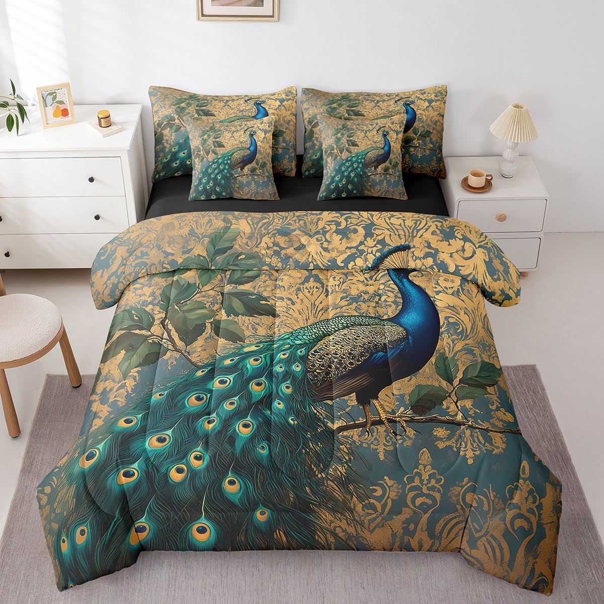 Erosebridal Blue Peacock Comforter Set King Size,Elegant Damask Bedding Set for Kids Teens,Bird and Floral (Comforter+Fitted+Flat Sheet+2 Pillowcases+2 Throw Pillow Covers) 7 Pieces Bed Set