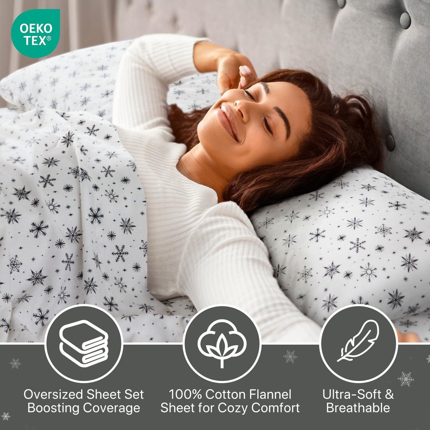 Beautyrest Cotton Sheet Set Cozy Print 100% Cotton Flannel Sheets Warm & Fuzzy Bedding Set, Oversized Sheets, Deep Pocket Fits Up to 16" Mattress Cozy Full Bed Sheets Full Black Snowflakes 4 Piece