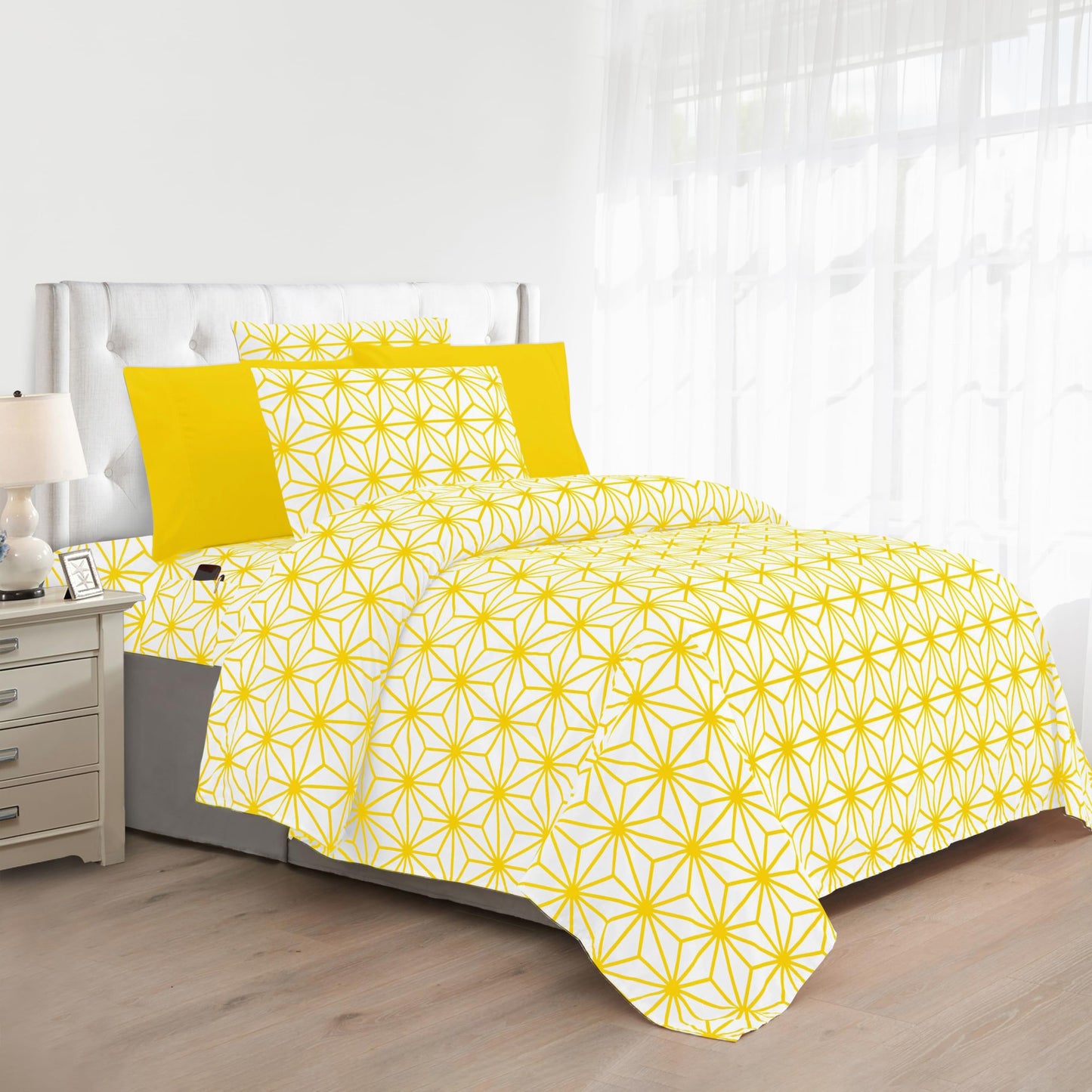Elegant Comfort Luxury Soft 6-Piece Cube Geometric Pattern Sheet Set - 1500 Premium Quality Microfiber - Wrinkle and Fade Resistant Coziest Bedding Set, All Around Elastic Fitted Sheet, Full, Yellow