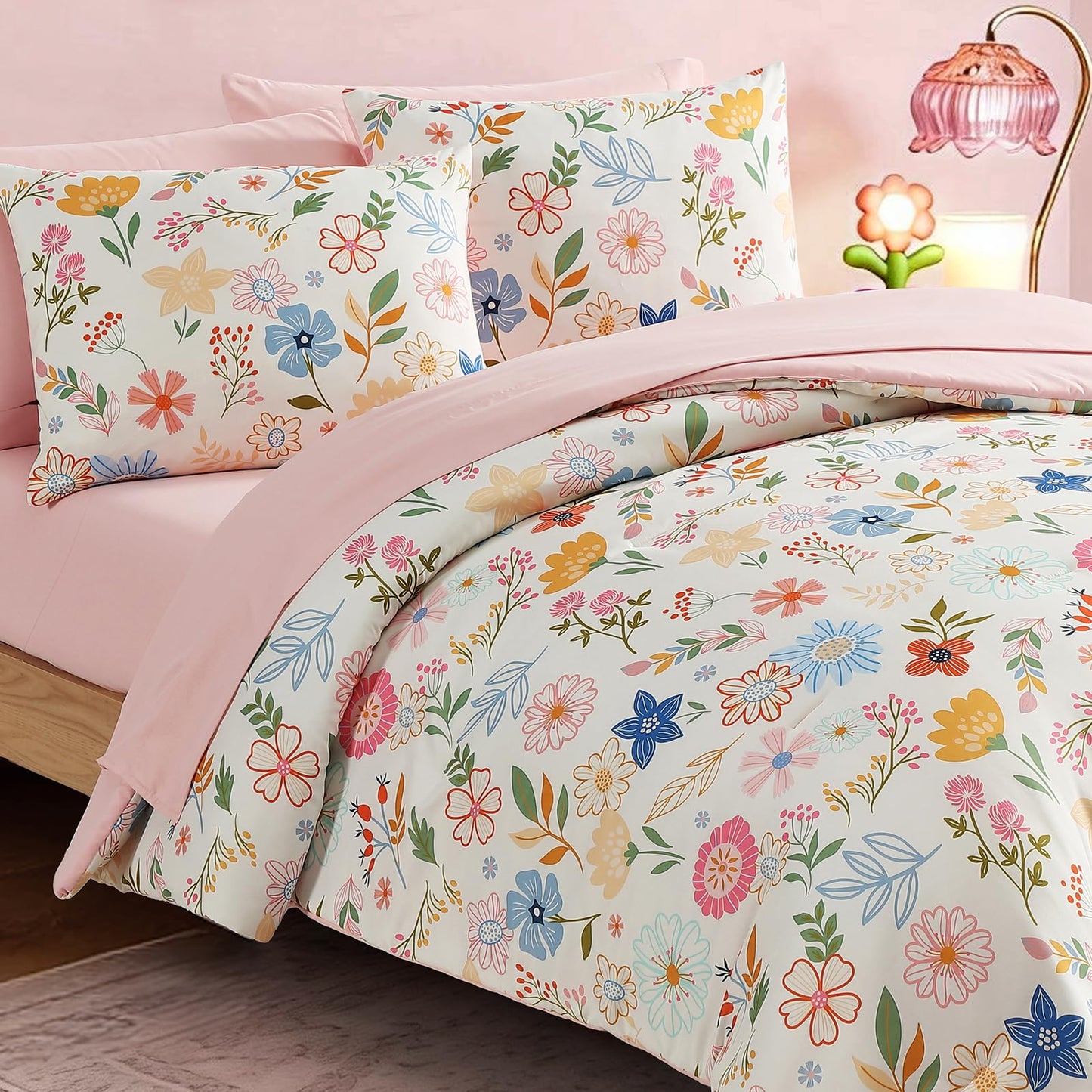 Kaleido Space Twin Comforter Set for Girls Kids - 5 Pieces Pastel Garden Patterns Twin Bedding Sets for Girls Teen, Soft Cozy Bed in A Bag with Sheets