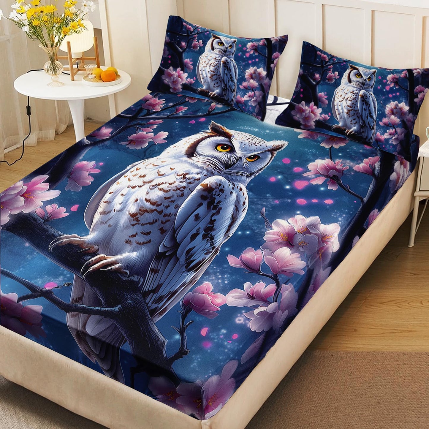 AILONEN Owl Fitted Sheet Set Twin Size, 3Pcs Pink Flower Owl Pattern Bedding Set for Kids Girls Boys,Bird Animal Print Fitted Sheet with 2 Pillowcases