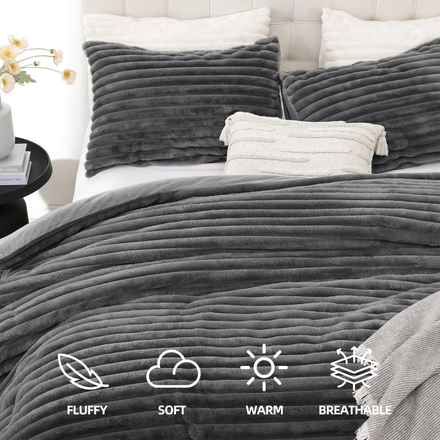 Smoofy Fluffy King Size Comforter Set 3 Pieces - Dark Grey Fleece Fluffy Comforter Set, Luxury Fuzzy King Bedding Set, Soft King Bed Set All Season, Heavy Faux Fur Comforter with 2 Pillow Cases