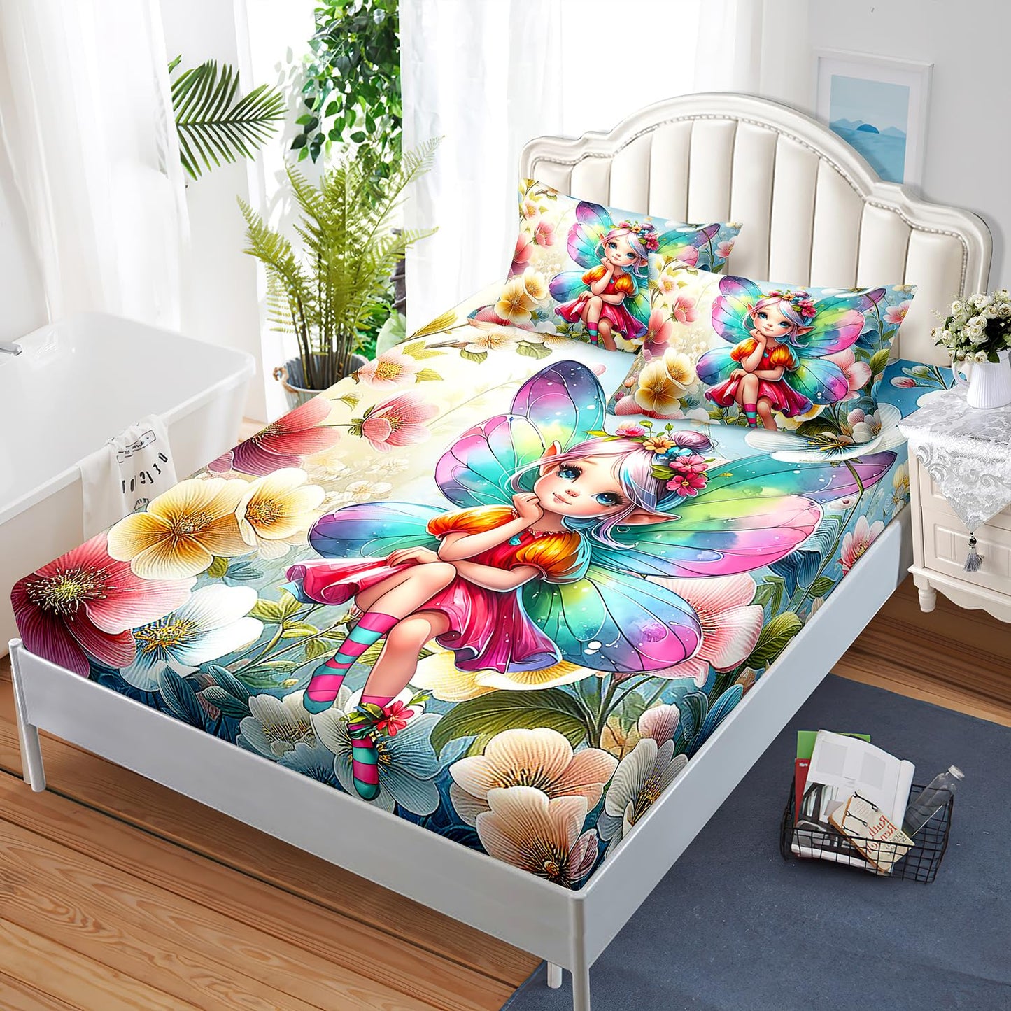 AILONEN Twin 3Pcs Beautiful Fairy Girls Fitted Sheet Set,Colorful Floral Flower Bed Sheet Set,Rainbow Butterfly Girls Sheet Set for Kids Teen,1 Fitted Sheet with 2 Pillowcases