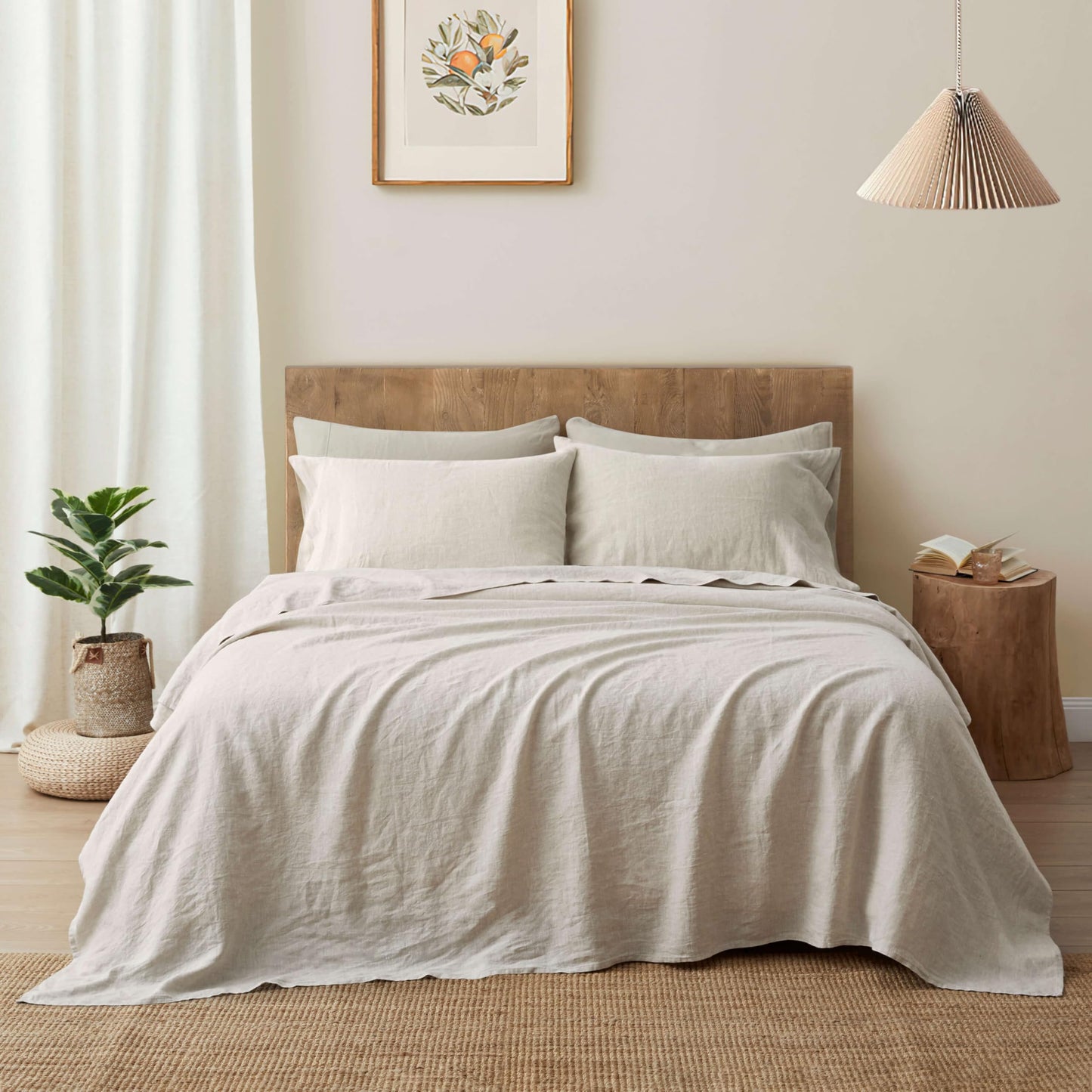 ATLINIA 100% Pure Flax Linen Bedding Set - Stone Washed French Linen Fabric Deep Pocket Fitted Sheet Farmhouse Flat Sheet 2 Pillowcases (Natural, Queen)