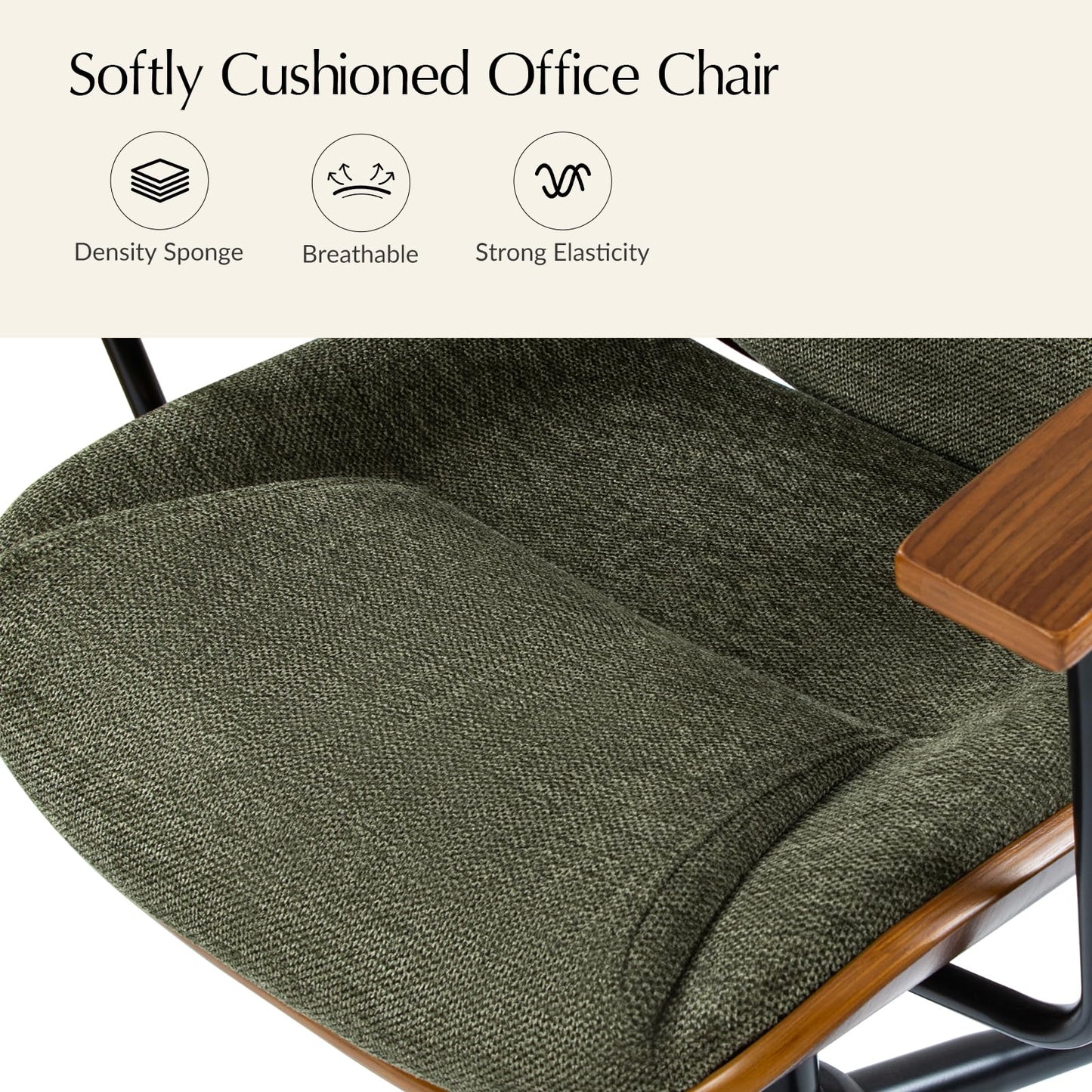 HULALA HOME Solid Wood Office Chair with Rocking Function, Comfy Fabric Desk Chair with Bent Wood and Metal Base, Height Adjustable Swivel Computer Task Chair, Green